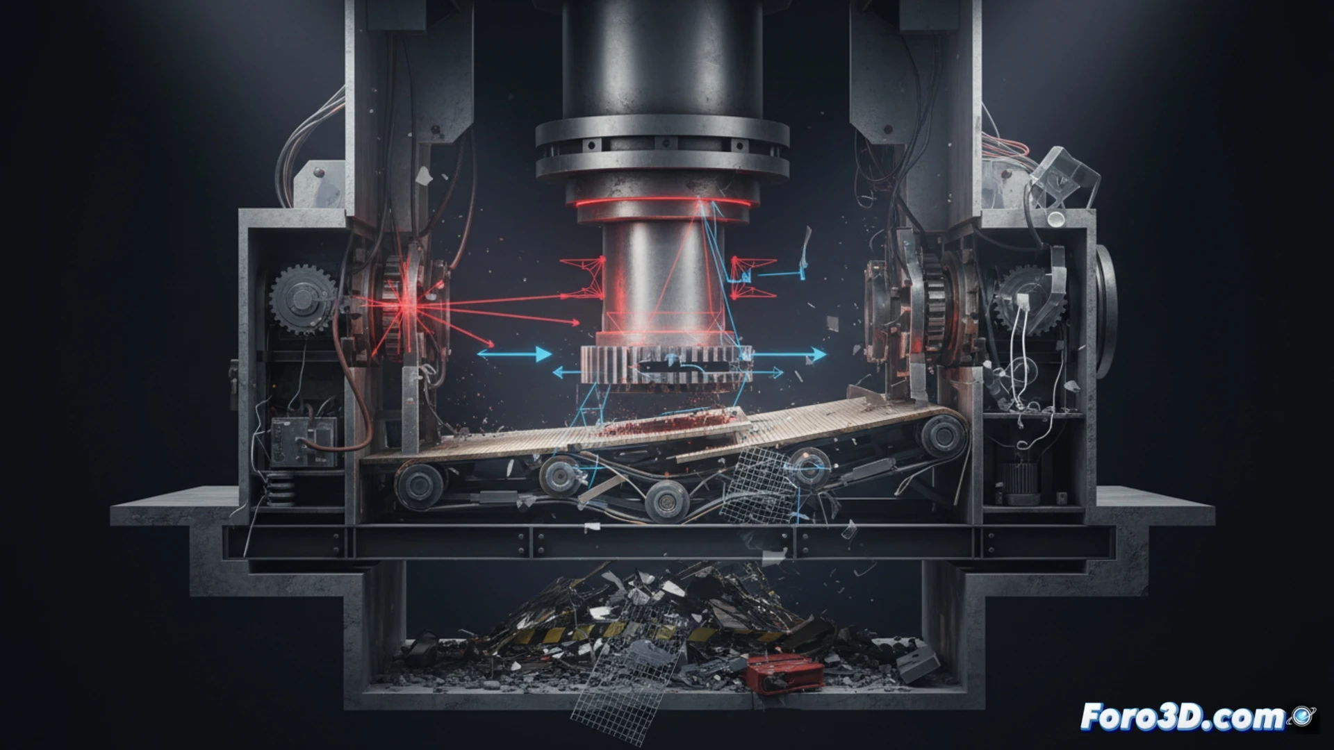Reconstruccion 3D de accidente industrial con embolo hidraulico de aplastamiento mostrando fuerzas y fallos mecanicos