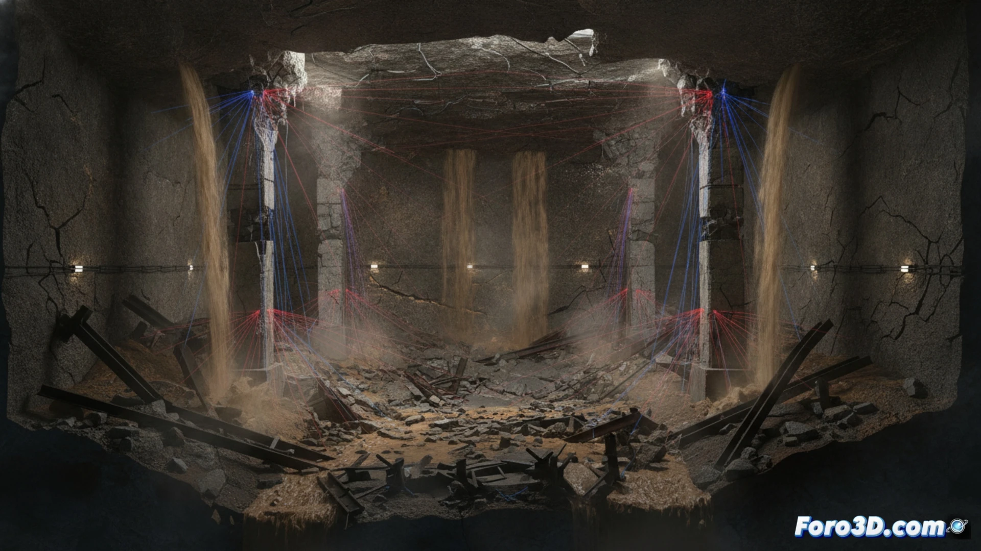 Simulación 3D del colapso de una mina de oro con fallos estructurales y filtraciones de agua subterránea