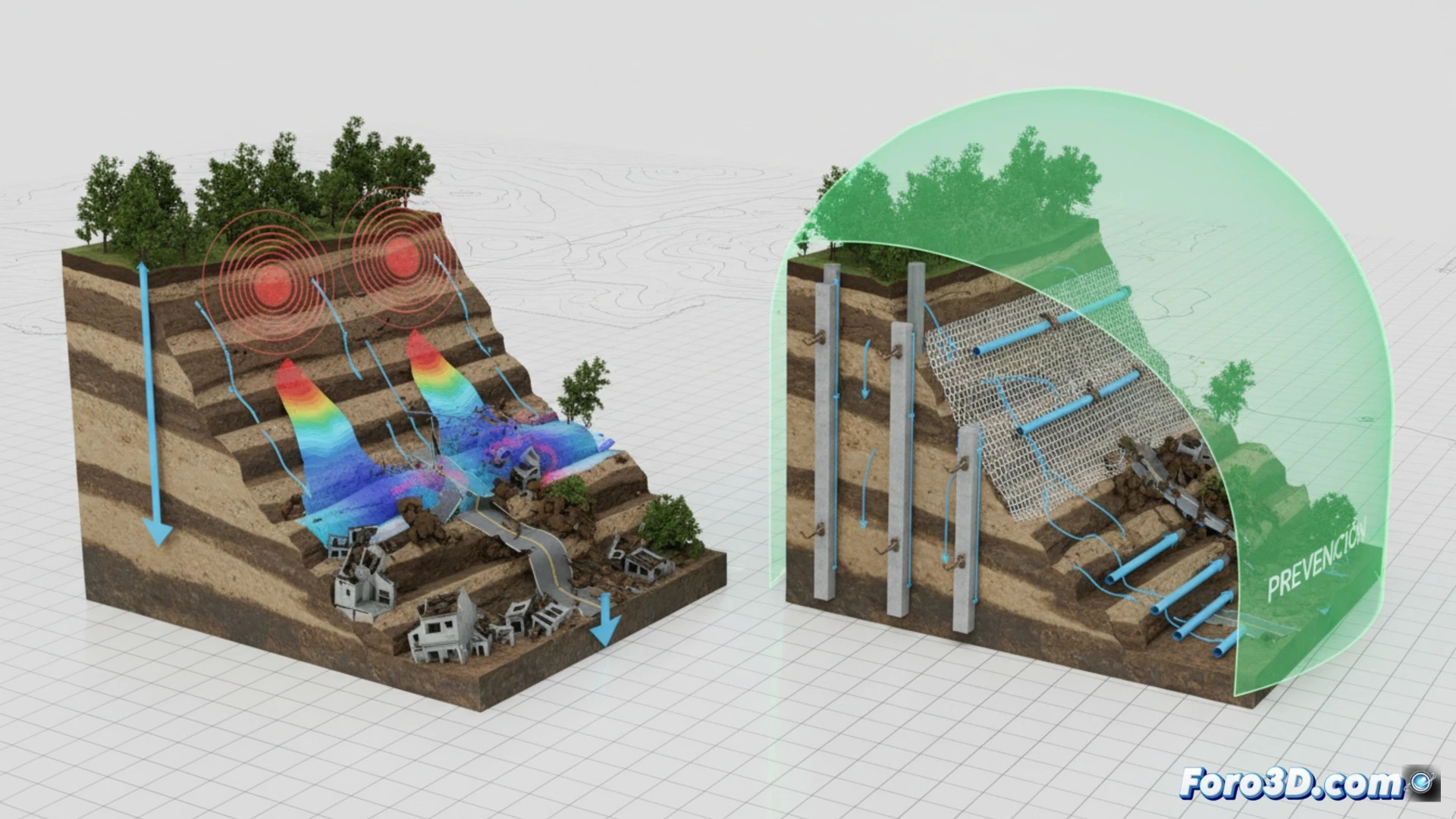 Reconstruccion 3D del colapso del talud de San Esteban mostrando grietas y deslizamiento de tierra