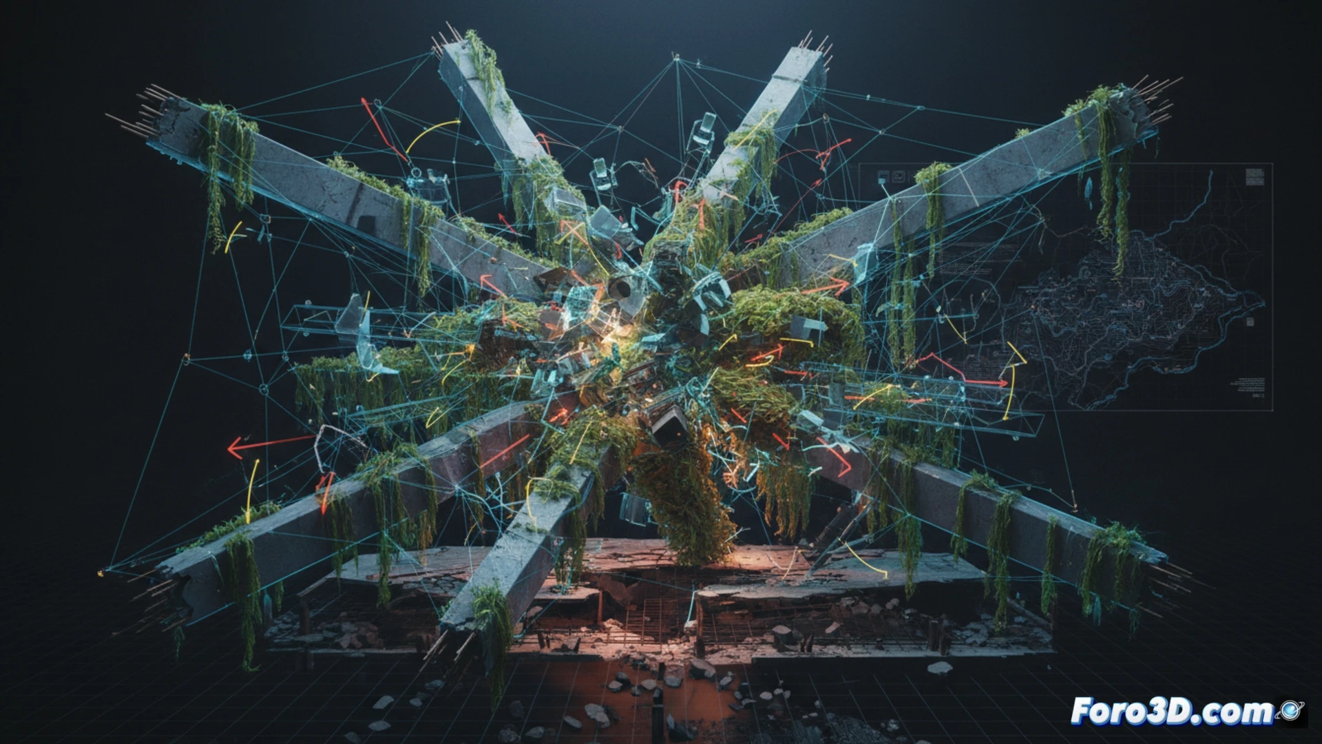 Reconstrucción 3D del colapso de una planta algal con análisis de fallos estructurales y propagación de escombros