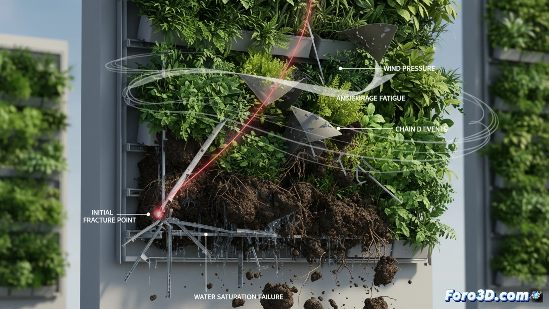 Simulación 3D del colapso de un muro vegetal con saturación hídrica y fatiga estructural