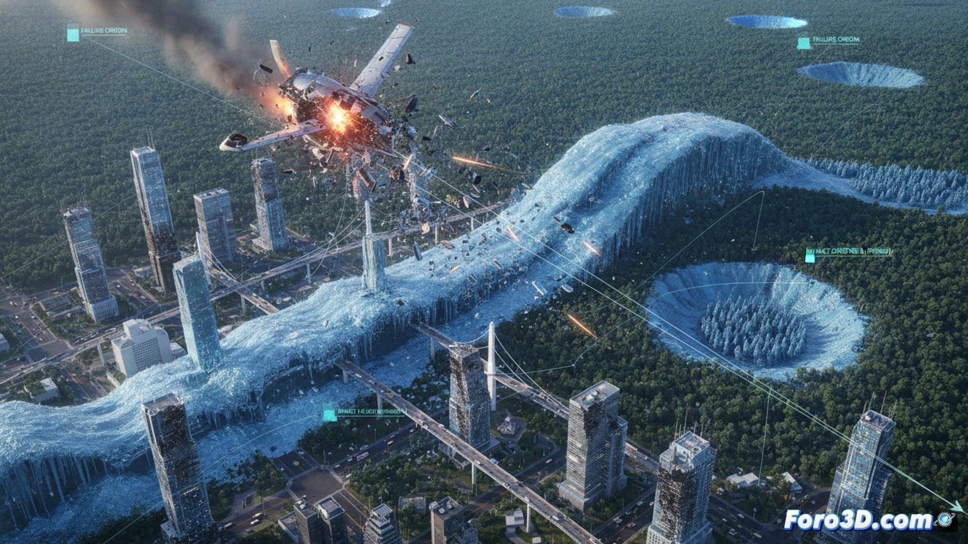 Reconstrucción 3D del error de limpieza aérea mostrando impacto de aeronave de gran tonelaje sobre terreno y estructuras.