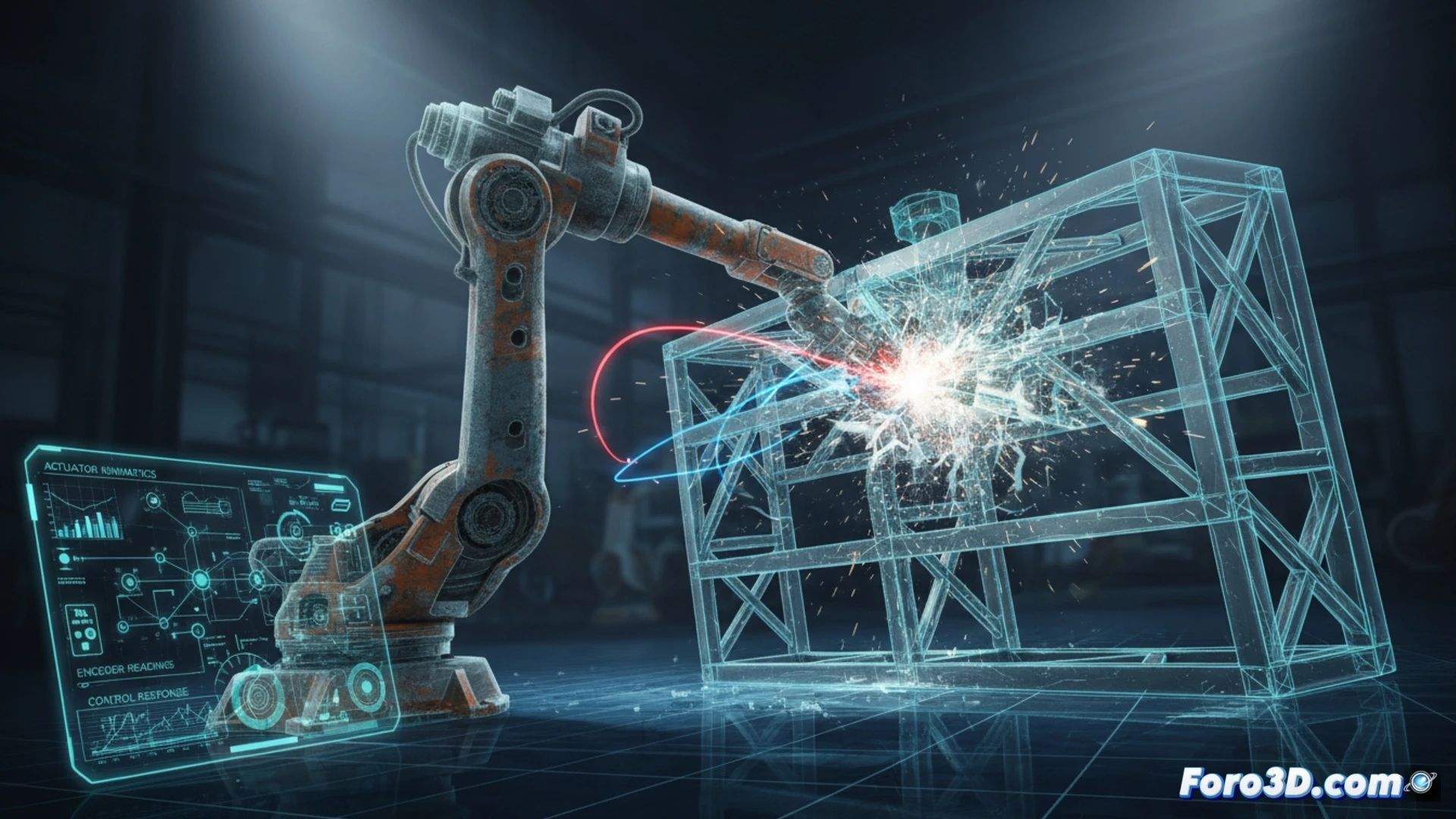 Reconstruccion 3D de brazo robotico industrial en simulacion forense de accidente por error de trayectoria.