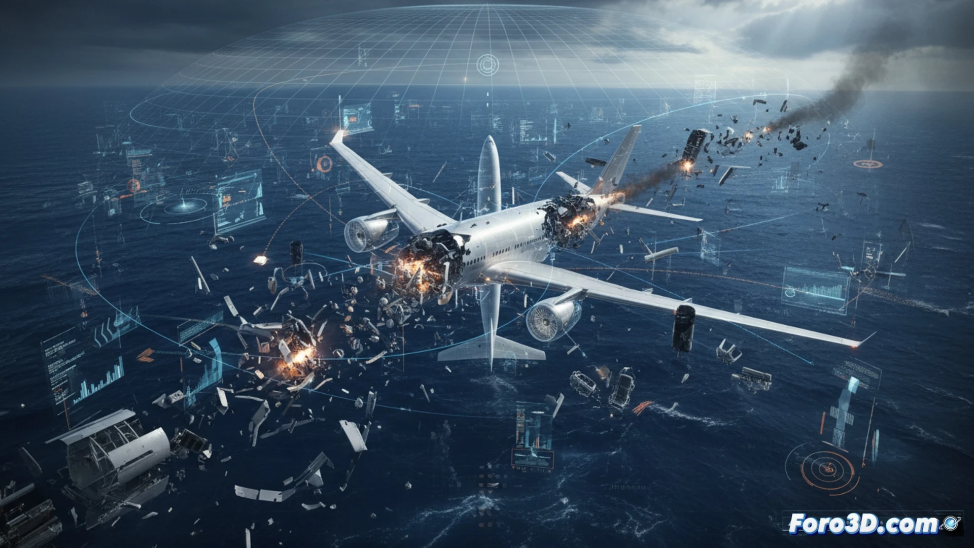 Reconstruccion 3D forense de accidente aereo con restos de avion esparcidos en el oceano Pacifico y analisis de impacto