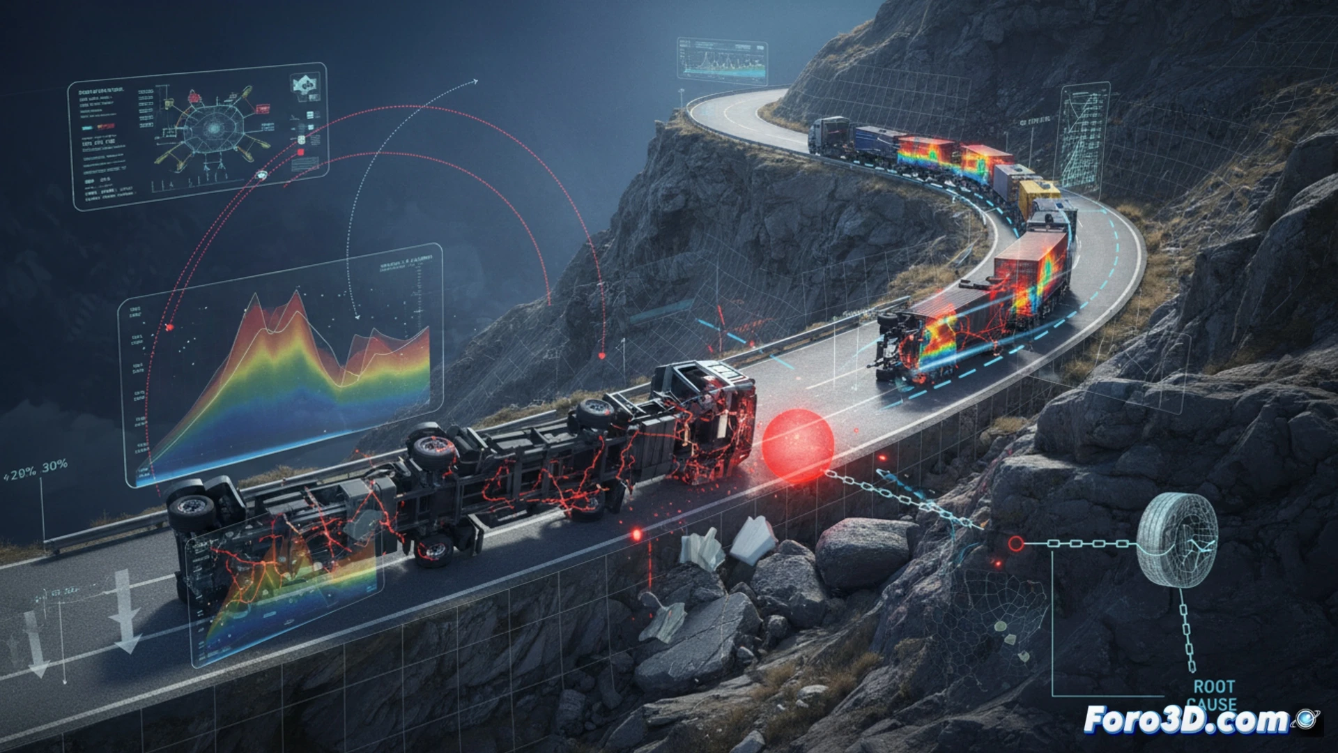 Reconstruccion 3D del vuelco de un convoy en carretera de montaña con analisis de fallos mecanicos