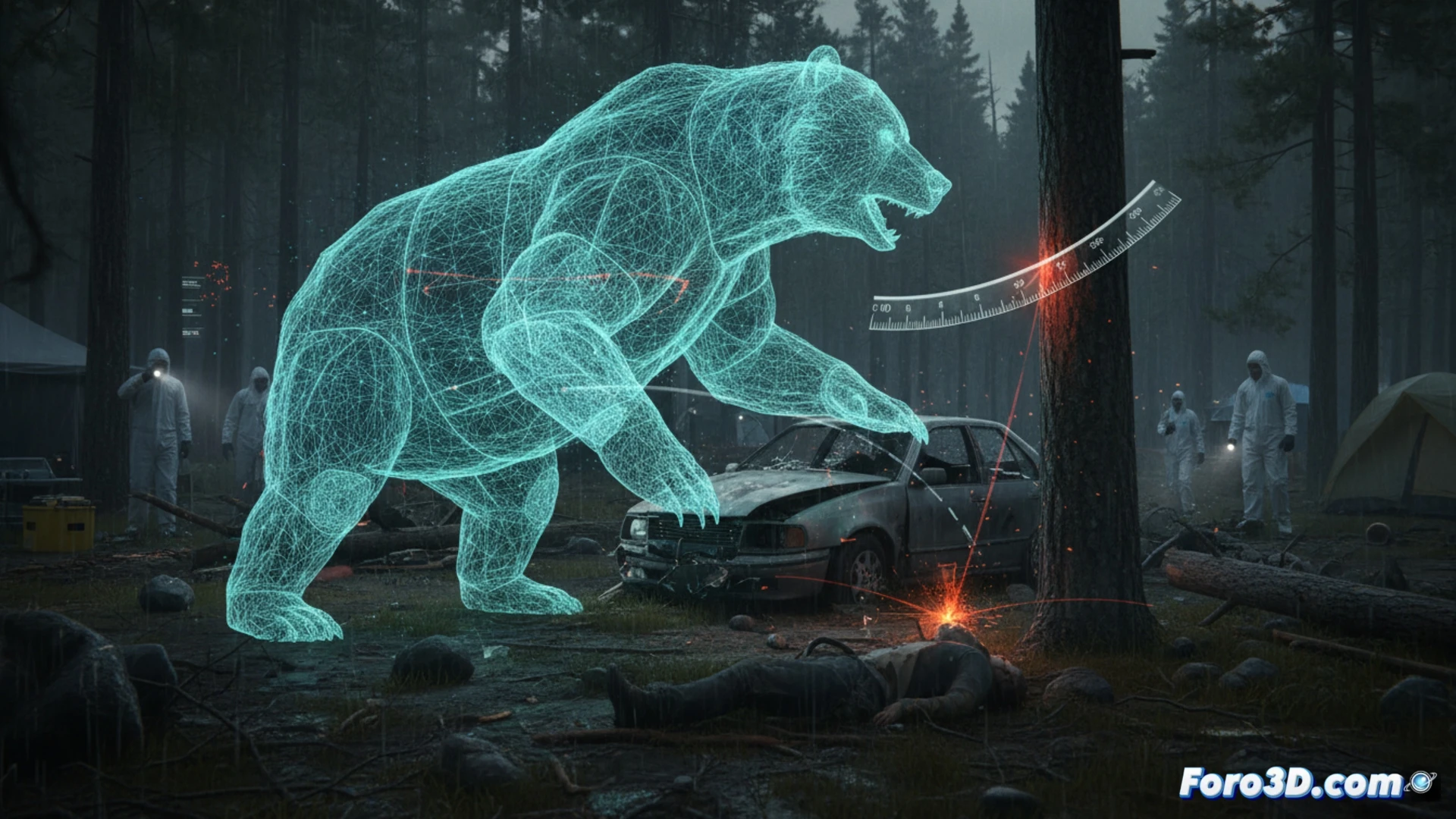 Reconstrucción 3D forense de ataque de fauna salvaje en propiedad, análisis de daños y trayectorias