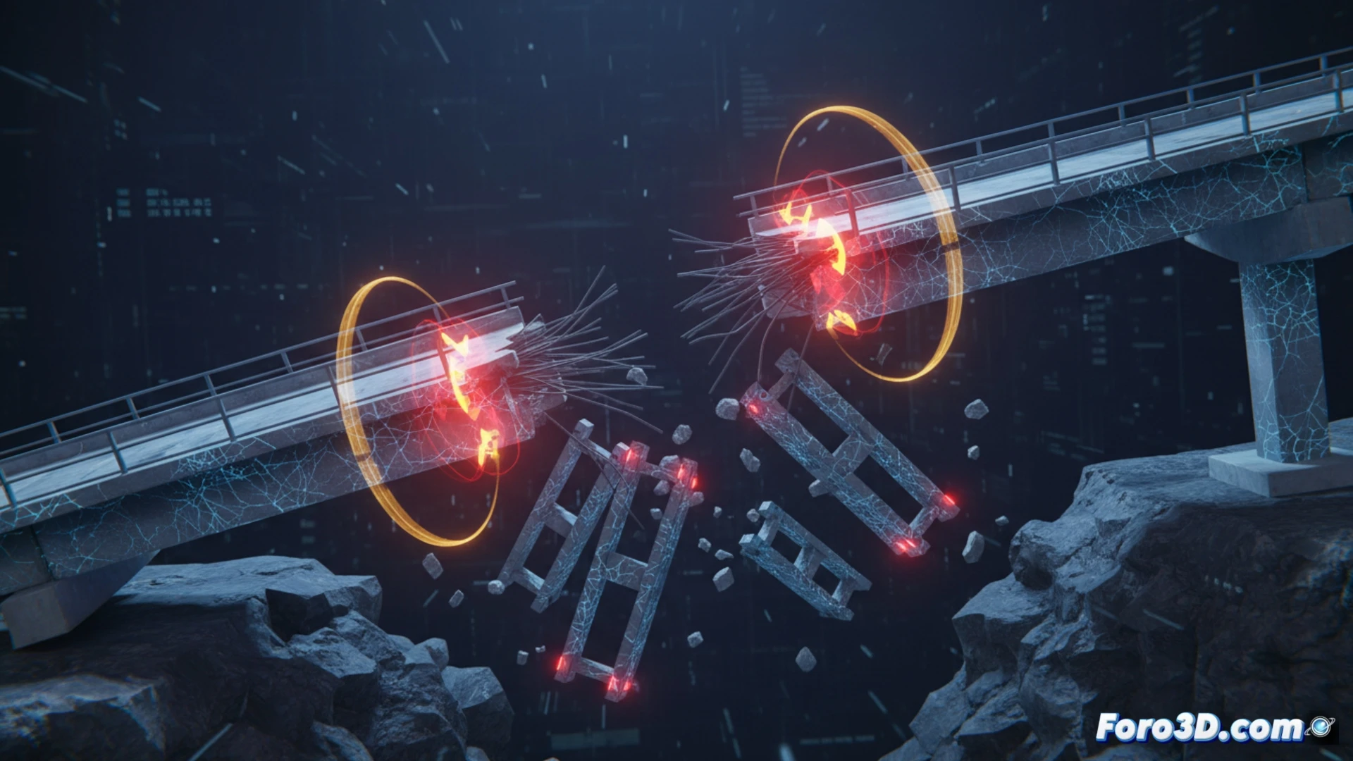 Simulación 3D de puente modular colapsado por fatiga, mostrando grietas y deformación estructural progresiva en uniones críticas