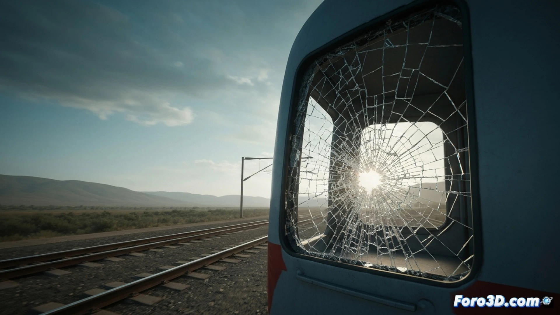 forensic reconstruction of a train windshield impact at 300 km/h, shattered glass fragments suspended mid-air, a technician scanning the fractured surface with a macro photogrammetry rig, blue laser grid mapping every crack in real-time, glowing fracture propagation lines spreading from a central impact point, ballast stone debris scattered on the locomotive floor, a laptop screen displaying a 3D fracture sequence model, high-contrast industrial lighting, metallic train cabin interior, photorealistic engineering visualization, ultra-detailed glass shards with sharp reflections, dramatic cinematic depth of field