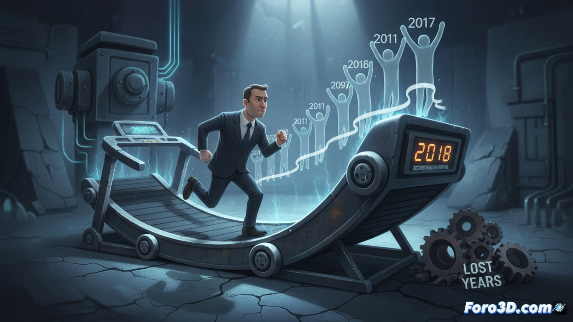 Una cinta de correr con un trabajador sudando, rodeado de calendarios de 2018 a 2025, sin avanzar.
