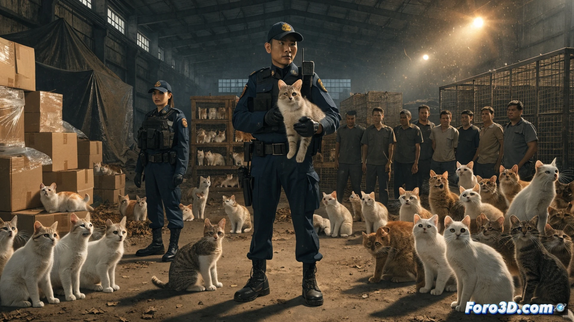 Vietnamese police raid scene, officers in uniform seizing cat cages stacked in a dim warehouse, dozens of frightened cats inside wire crates with visible paw scratches on metal bars, a broken scale for weighing animals on the floor, official evidence markers placed near seized transport crates, forensic gloves and bolt cutters used to open locks, harsh overhead fluorescent lighting casting long shadows on concrete floor, realistic crime scene documentation style, photorealistic technical illustration, action of rescue and evidence collection, dramatic contrast between dark corners and bright flashlight beams