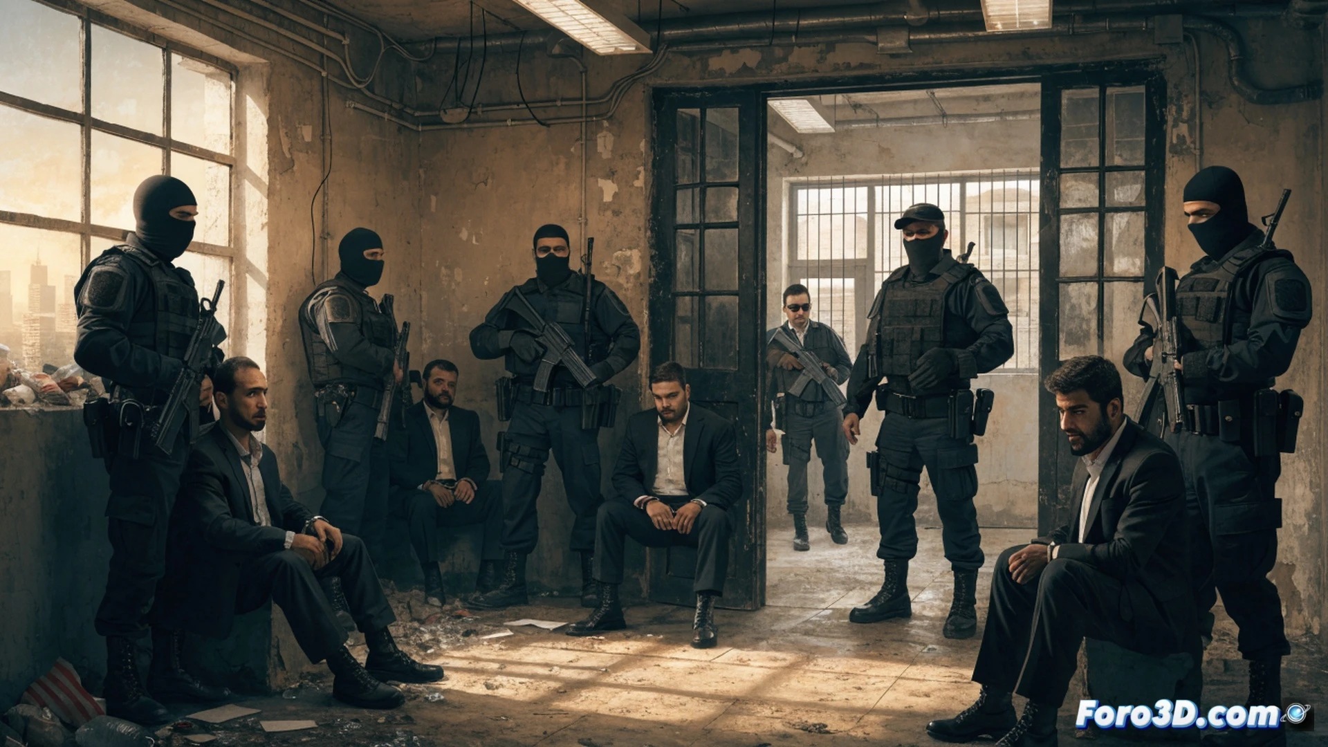 Iraqi security forces in tactical gear raiding a government building corridor at night, five handcuffed politicians in suits being led away, documents and laptop screens visible on desks showing financial spreadsheets, bags of cash being seized from a safe, broken water pipes and flickering electrical wires in the background symbolizing stolen public funds, cinematic photorealistic style, dramatic chiaroscuro lighting from flashlights and emergency vehicle lights through windows, dust particles in air, intense action frozen mid-motion, ultra-detailed textures on uniforms and currency stacks, wide-angle lens perspective emphasizing scale of the operation