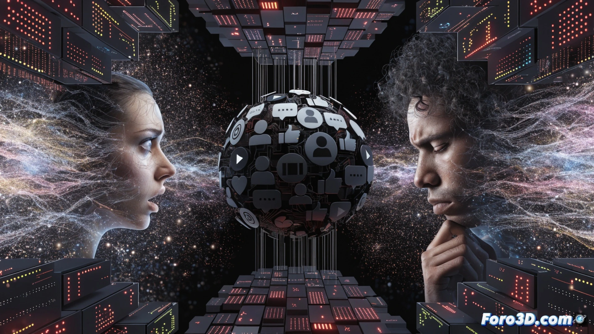 Photorealistic cinematic scene of a smartphone screen glowing in a dark room, a human silhouette with head down and slumped shoulders scrolling endlessly through a chaotic feed, the screen displaying fractured puzzle pieces and a melting brain icon, a large transparent digital eye hovering above the phone scanning the user's face, while behind the device a spiderweb of glowing data cables connects to a massive server rack labeled with a dollar sign symbol, the server emitting a faint green light that distorts the air, cracked social media logos floating in the background like broken mirrors, dramatic chiaroscuro lighting, hyper-detailed textures on glass and metal, moody blue and amber tones, technical illustration style with engineering precision