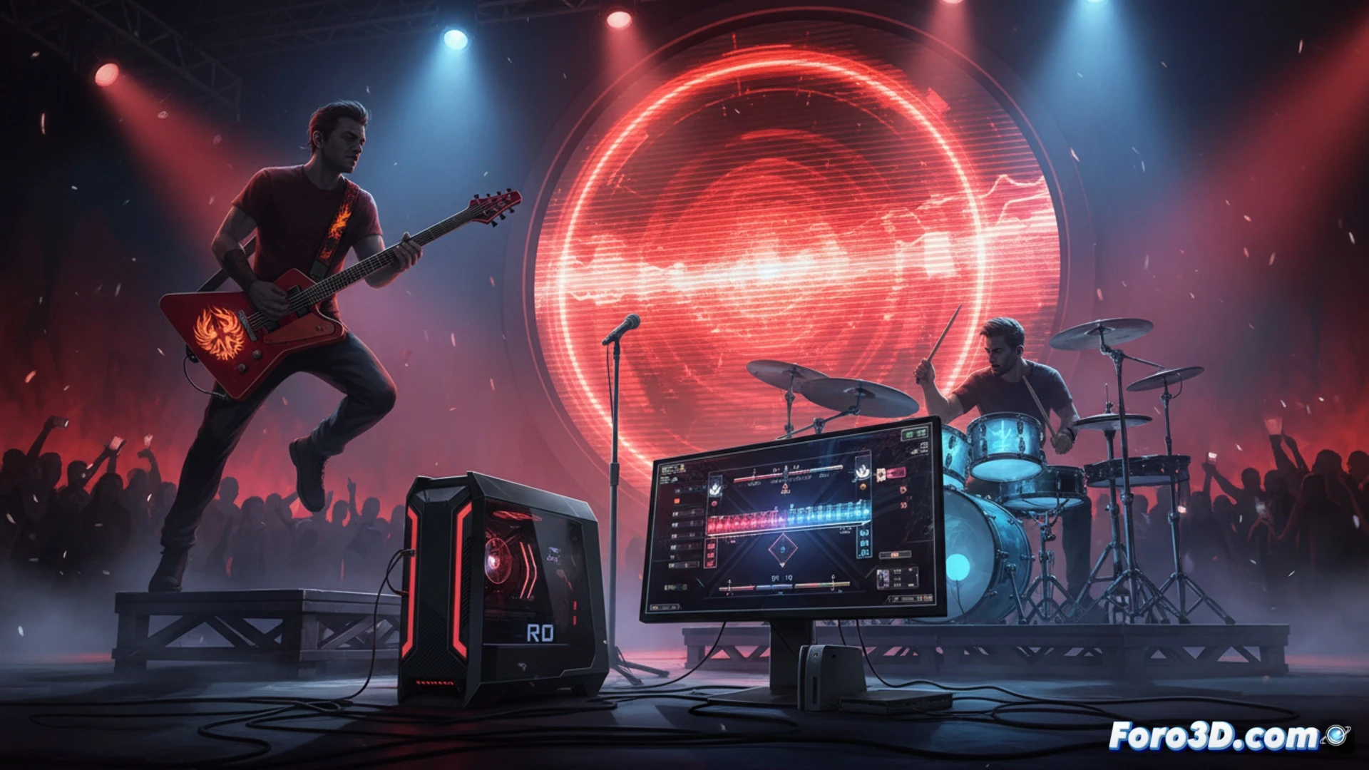 living room transformed into a stage, three players performing a rock song together, one holding a red guitar controller with glowing fret buttons, one striking a drum kit with motion-sensing drumsticks while a hi-hat pedal moves, one singing into a dynamic microphone with a waveform visualization on a connected PC monitor, Ghost and Weezer album covers displayed on a console screen, score multiplier effects and beat lines pulsing around the instruments, cinematic photorealistic render, warm stage lighting with blue and magenta spotlights, smoke haze, energetic motion blur, cables trailing to a central console, ultra-detailed plastic textures and LED indicators, technical illustration style