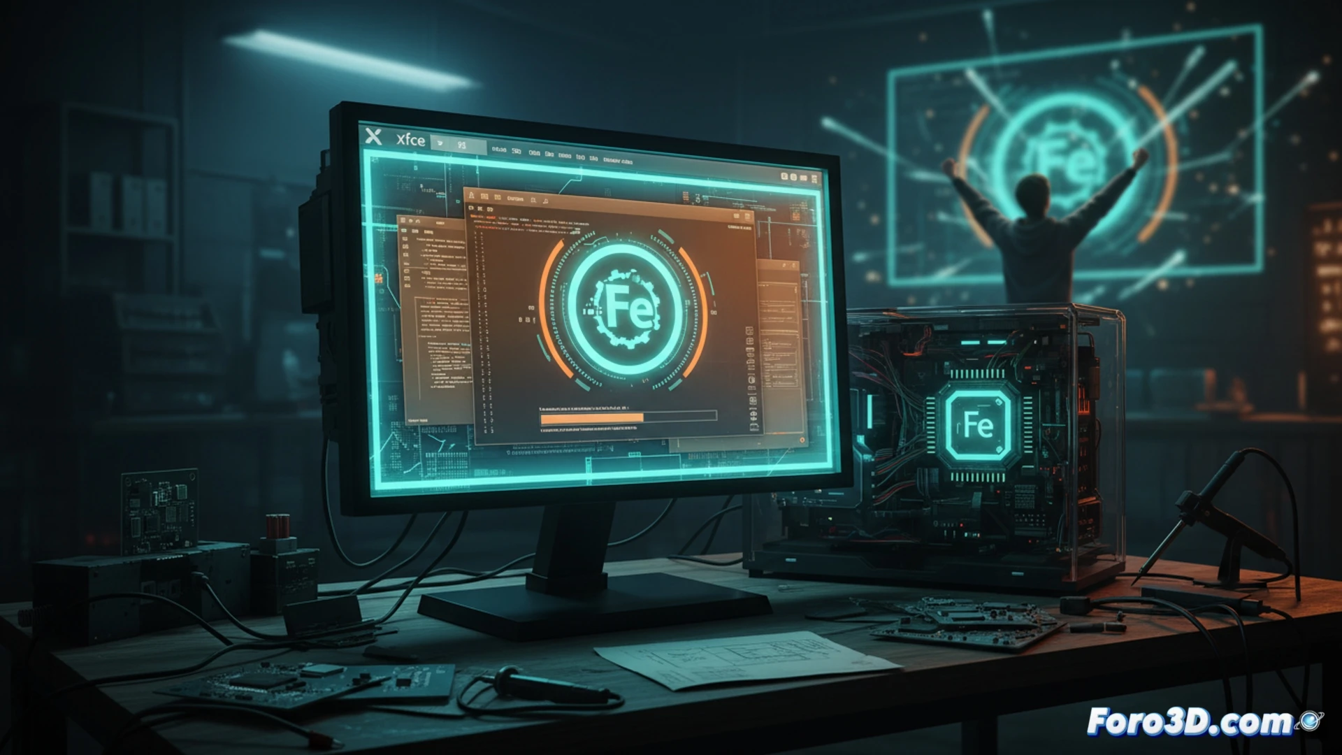Cinematic technical illustration of a Redox OS desktop environment, Xfce window manager displaying a file manager and terminal, Rust logo glowing faintly in the background, a developer seated at a workstation compiling drivers manually, hardware components like a motherboard and graphics card partially disconnected, cables unplugged, system logs showing errors and missing kernel modules, contrasting polished GUI with incomplete hardware support, dramatic lighting highlighting the gap between visible progress and actual usability, photorealistic engineering visualization, ultra-detailed circuit traces and code lines, muted industrial tones with subtle orange Rust accents