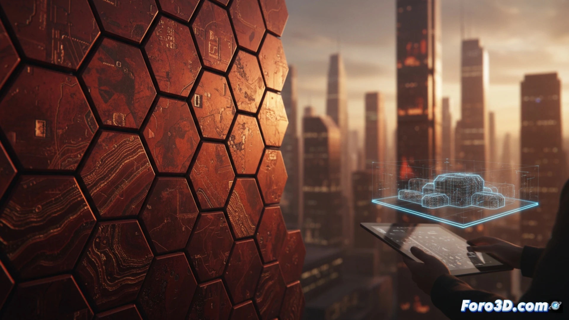 hexagonal tile system rendering in Redshift 2026.7, camera focus shifting from foreground to background showing live depth of field, hexagonal textures seamlessly tiling across a futuristic architectural facade, real-time DOF effect blurring distant columns while keeping sharp focus on a Revit model detail, cinematic technical visualization, glowing edge highlights on hexagonal boundaries, photorealistic glass and concrete materials, dynamic lighting from a virtual sun, motion blur on a rotating camera rig, ultra-detailed architectural geometry, engineering visualization style