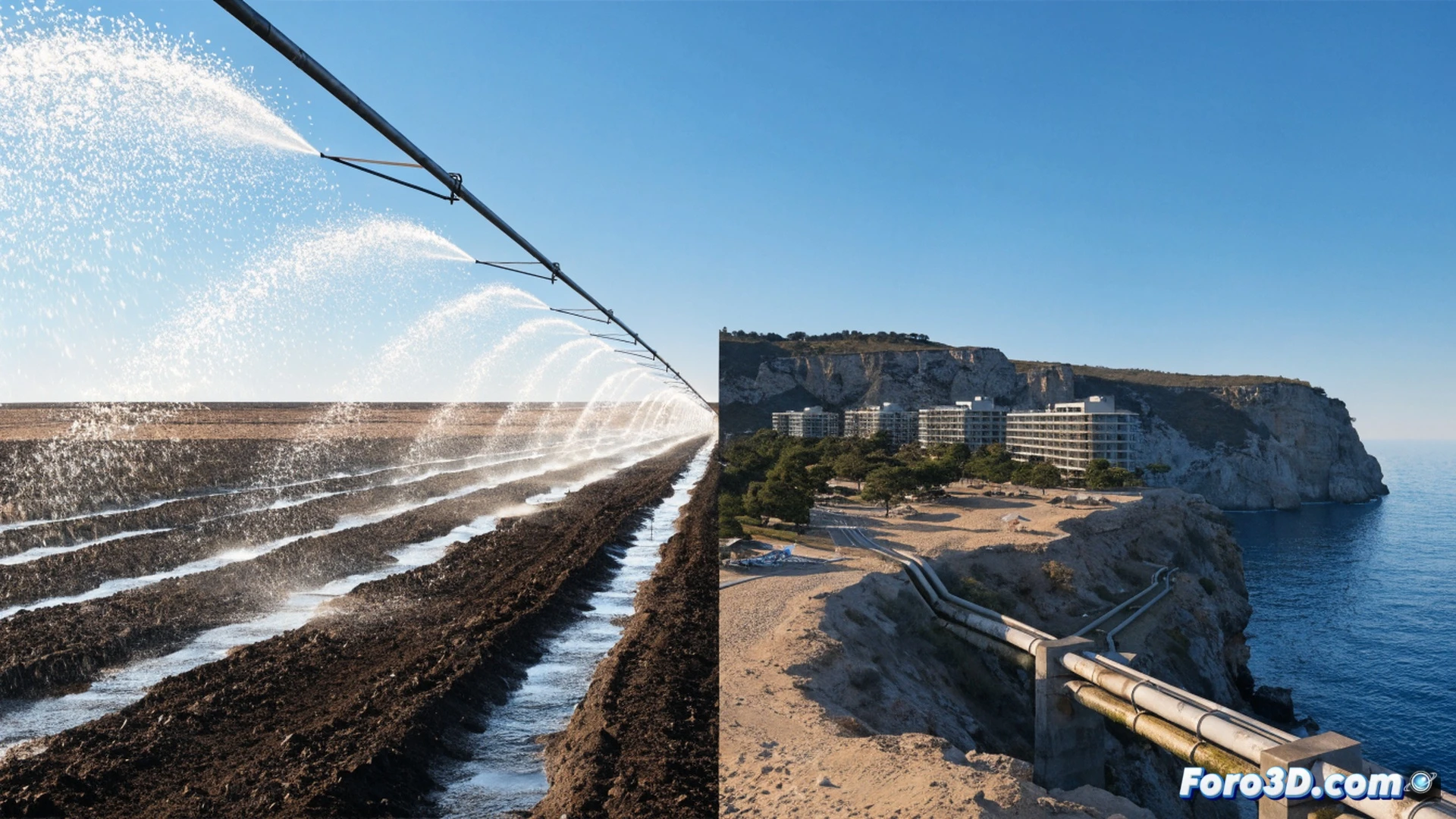 Arid cracked earth landscape splitting apart while a single glowing water droplet hovers above a complex network of interconnected pipes and aquifers beneath the surface, showing groundwater depletion, a farmer’s hand releasing a leaky valve while a digital tablet displays real-time flow data and a desalination plant in the background, cinematic photorealistic engineering visualization, dramatic sunset lighting, hyperdetailed soil textures, metallic pipe reflections, glowing blue technical overlays, ultra-sharp industrial machinery details