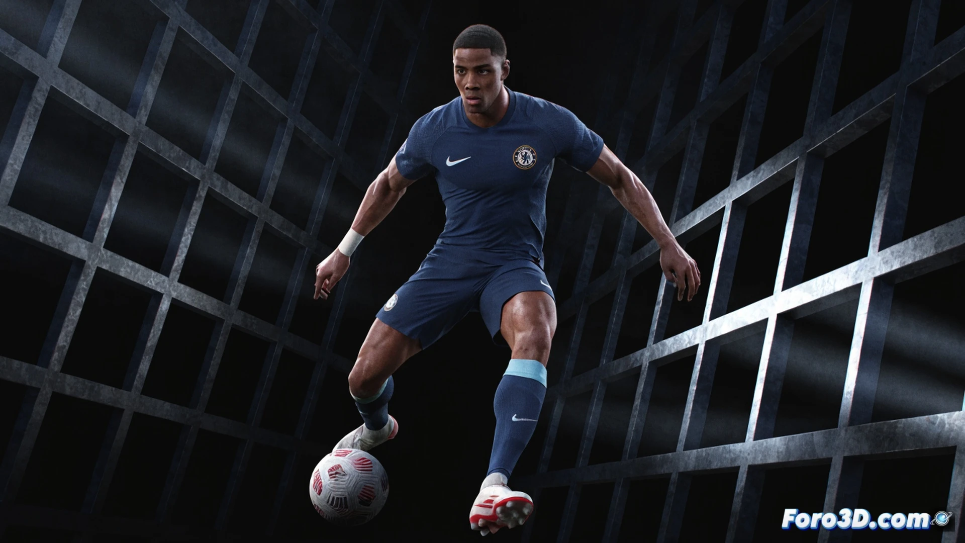 Reece James en acción durante un partido, girando hacia el centro del campo mientras ejecuta un pase filtrado entre líneas defensivas, mostrando su rol de organizador desde la banda, potencia física y precisión en el pase, estadio iluminado con focos nocturnos, césped detallado, movimiento de piernas con tensión muscular visible, fondo con defensores en reacción retardada, estilo cinematográfico photorealistic, profundidad de campo reducida, luz dramática con sombras alargadas, sudor y textura de la piel realistas, captura de movimiento nítida