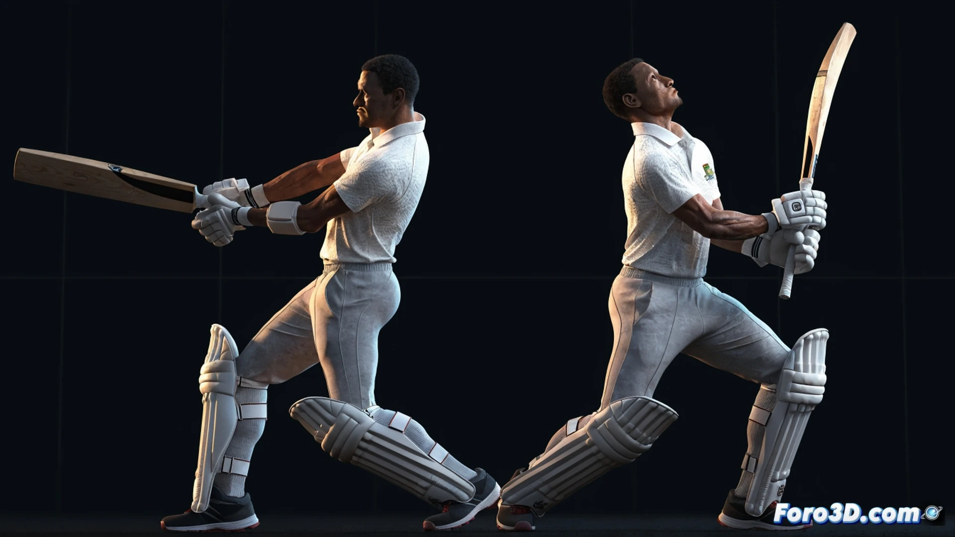 cricket batter in high-speed swing motion, bat connecting with cricket ball, dynamic follow-through pose, front foot drive technique, stadium pitch background, motion blur on bat and ball, ball trajectory arc shown with glowing dashed line, batting gloves and pads detailed, sweat droplets mid-air, intense focus on face, cinematic sports photography style, dramatic floodlight shadows, photorealistic athlete render, ultra-detailed fabric textures, high-speed action freeze-frame, professional cricket gear visible