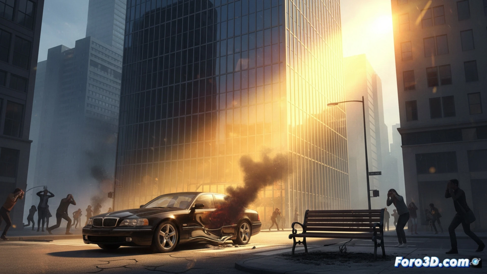 Edificio acristalado reflejando luz solar intensa sobre un coche estacionado, con humo y llamas incipientes.