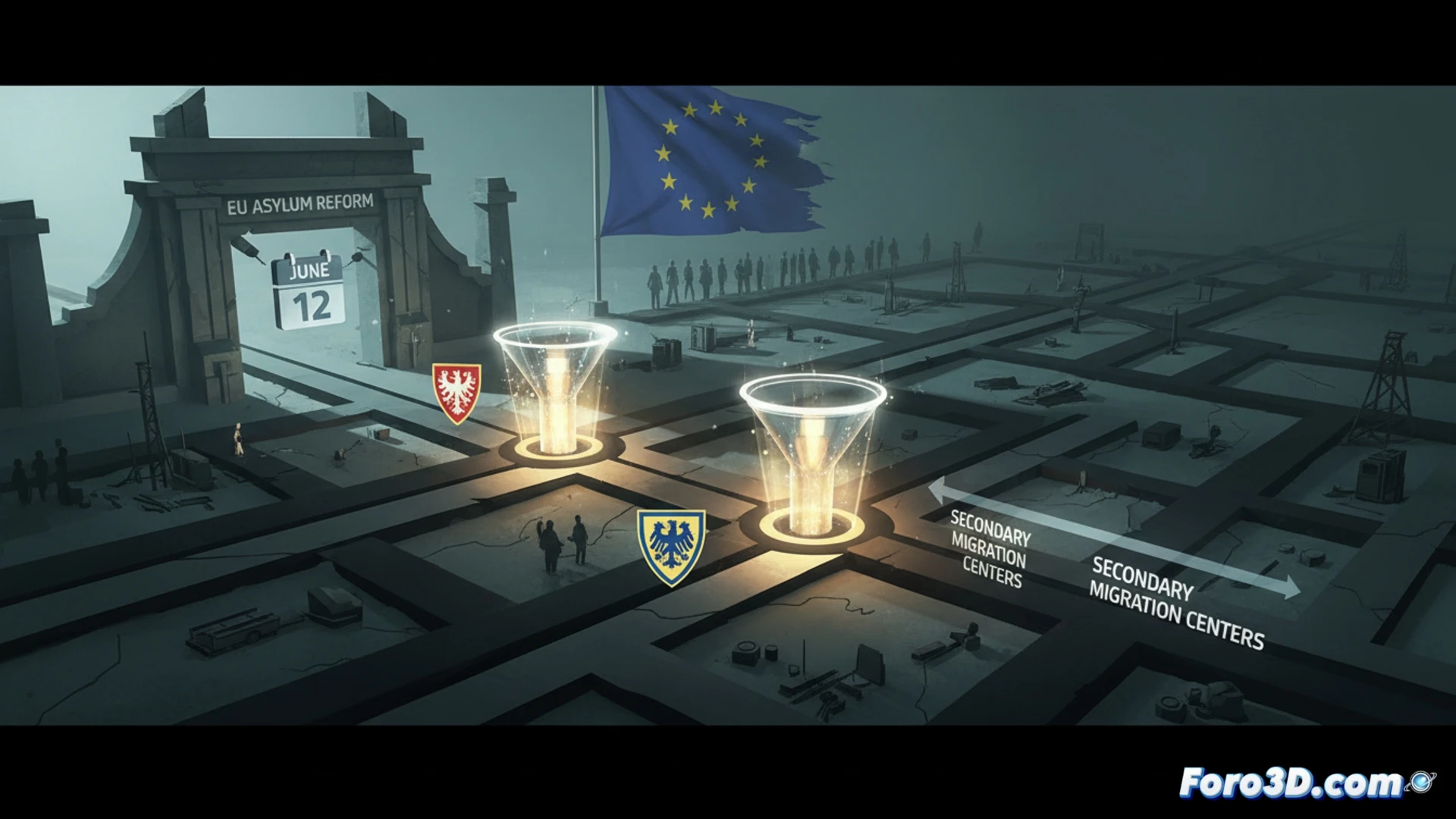 European Union asylum reform technical diagram, two German federal states highlighted in green on a map of Germany, a secondary migration center blueprint being unrolled on a table, an official pointing at a flowchart showing asylum transfer procedures between EU member states, a digital tablet displaying a calendar with June 12 circled, a clock ticking slowly in the background, cinematic documentary style, photorealistic government office lighting, muted blue and gray tones, detailed architectural plans with annotations, bureaucratic atmosphere, ultra-sharp focus on documents and hands, technical illustration with clear process visualization