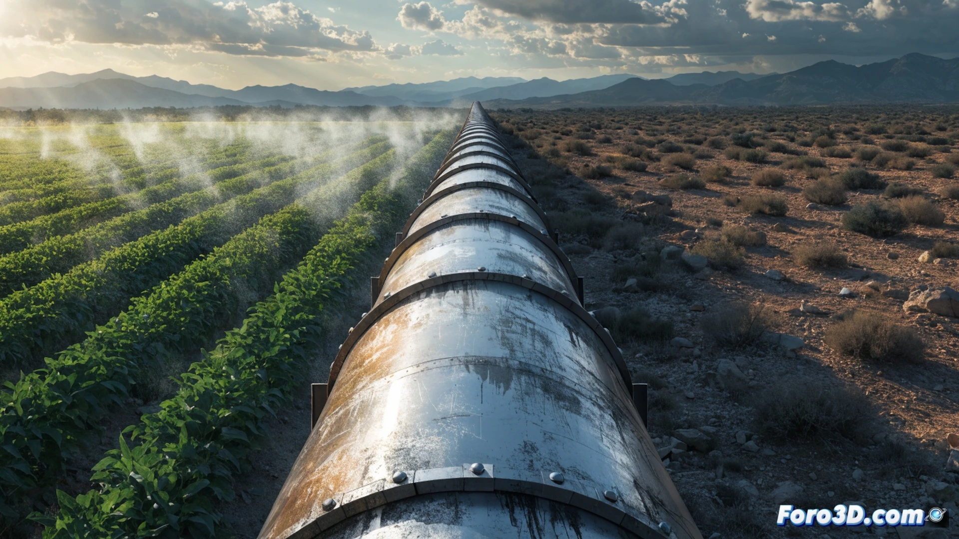 Aerial view of a massive water pipeline junction being disconnected, two halves of a large metal pipe separating with a 50% gap, water flow visibly reduced to a thin stream while dry agricultural fields stretch toward Murcia city skyline, Alicante coastline in background, technical engineering visualization, industrial valves and pressure gauges showing zero flow, cracked earth around irrigation canals, dramatic contrast between blue Mediterranean and brown drought-stricken land, photorealistic infrastructure render, cinematic lighting with harsh sun shadows, ultra-detailed metallic pipe surfaces and concrete supports