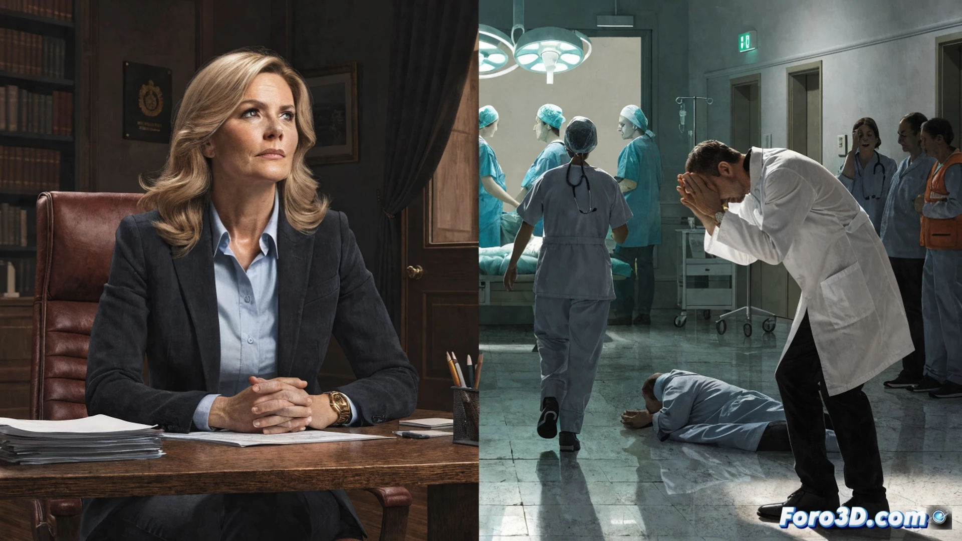 German hospital interior during reform protest, medical staff in white coats holding stethoscopes and clipboards standing near empty hospital beds, patients in wheelchairs watching while a closed wing with dust covers on medical monitors is visible, dramatic cinematic lighting, photorealistic technical illustration, sterile white corridors, tension in body language, administrative desks with stacked documents showing budget cuts, overhead fluorescent lights casting shadows, clinical atmosphere with metallic medical equipment, ultra-detailed textures on hospital furniture, emotional documentary style