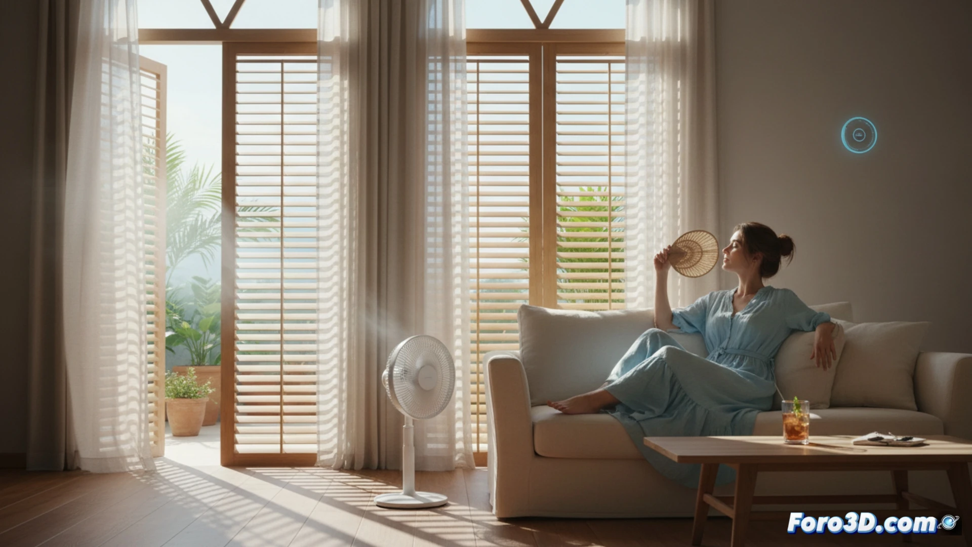 Casa moderna con persianas bajadas y ventanas cerradas bajo sol intenso del mediodía, termómetro exterior marcando 38 grados mientras interior se mantiene fresco, toldo retráctil parcialmente desplegado bloqueando rayos solares, ventilador de techo girando lentamente sin consumo eléctrico, sombras nítidas contrastando con fachada iluminada, recibo de electricidad con gráfico de consumo plano y sin picos, estilo fotorealista de ilustración técnica arquitectónica, luz cálida exterior versus interior azul fresco, ángulo de cámara mostrando transición térmica entre ambiente exterior e interior, texturas de aluminio y lona técnica del toldo, render cinematográfico de eficiencia energética