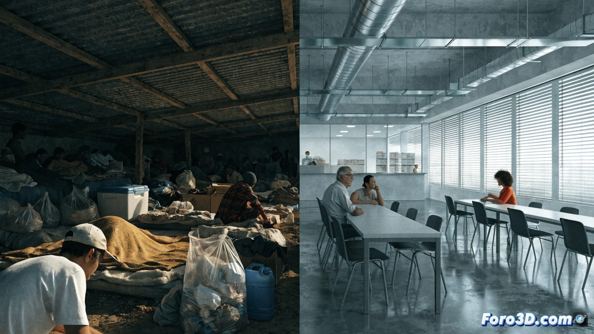 Photorealistic cinematic scene of a municipal social center in a low-income town, closed metal shutters and faded warning signs, outside a digital thermometer showing 42 degrees Celsius, an elderly person pressing a broken intercom button, no one inside, cracked asphalt with heat haze rising, distant municipal building with air conditioning units visible but inactive, empty public benches under wilting trees, technical contrast between emergency plan documents on a desk inside and locked doors, dramatic afternoon sunlight casting long shadows, ultra-detailed textures of peeling paint and rust, hyperrealistic heat distortion effects, photorealistic architectural render