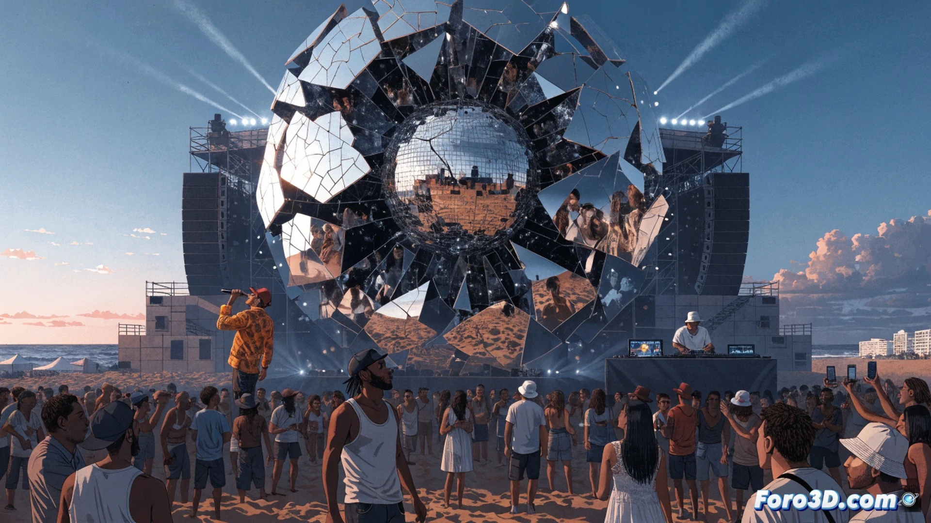 large outdoor festival stage being dismantled at sunset, workers removing sound equipment and lighting rigs, empty speaker stacks being loaded onto trucks, torn festival banners on the ground, control booth monitors showing cancelled event schedules, financial documents and spreadsheets scattered on a table with a red closure stamp, dramatic cloudy sky casting shadows over the empty venue, photorealistic cinematic render, high detail on cables and metal structures, moody orange-blue lighting, technical illustration of event infrastructure abandonment