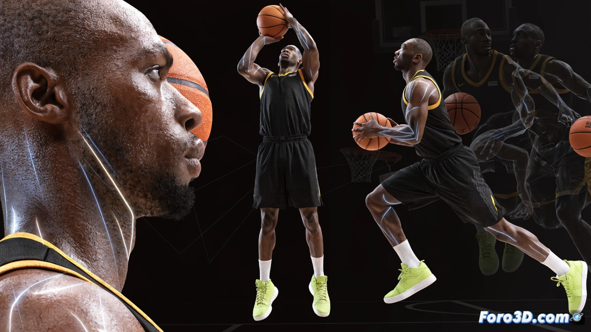 NBA point guard Reggie Jackson executing a pick-and-roll play, 3D technical visualization showing his body mechanics, one hand dribbling low while his eyes scan the court, defender and screener frozen in motion, kinematic skeleton lines tracing his knee bend and shoulder rotation, translucent trajectory arc from his shooting hand toward the hoop, basketball court floor with strategic spacing markers, cinematic sports analysis render, photorealistic athlete model, dramatic arena lighting, blue and orange team colors, motion blur on ball, ultra-detailed muscle definition and jersey fabric, engineering-style annotation lines around his pivot foot