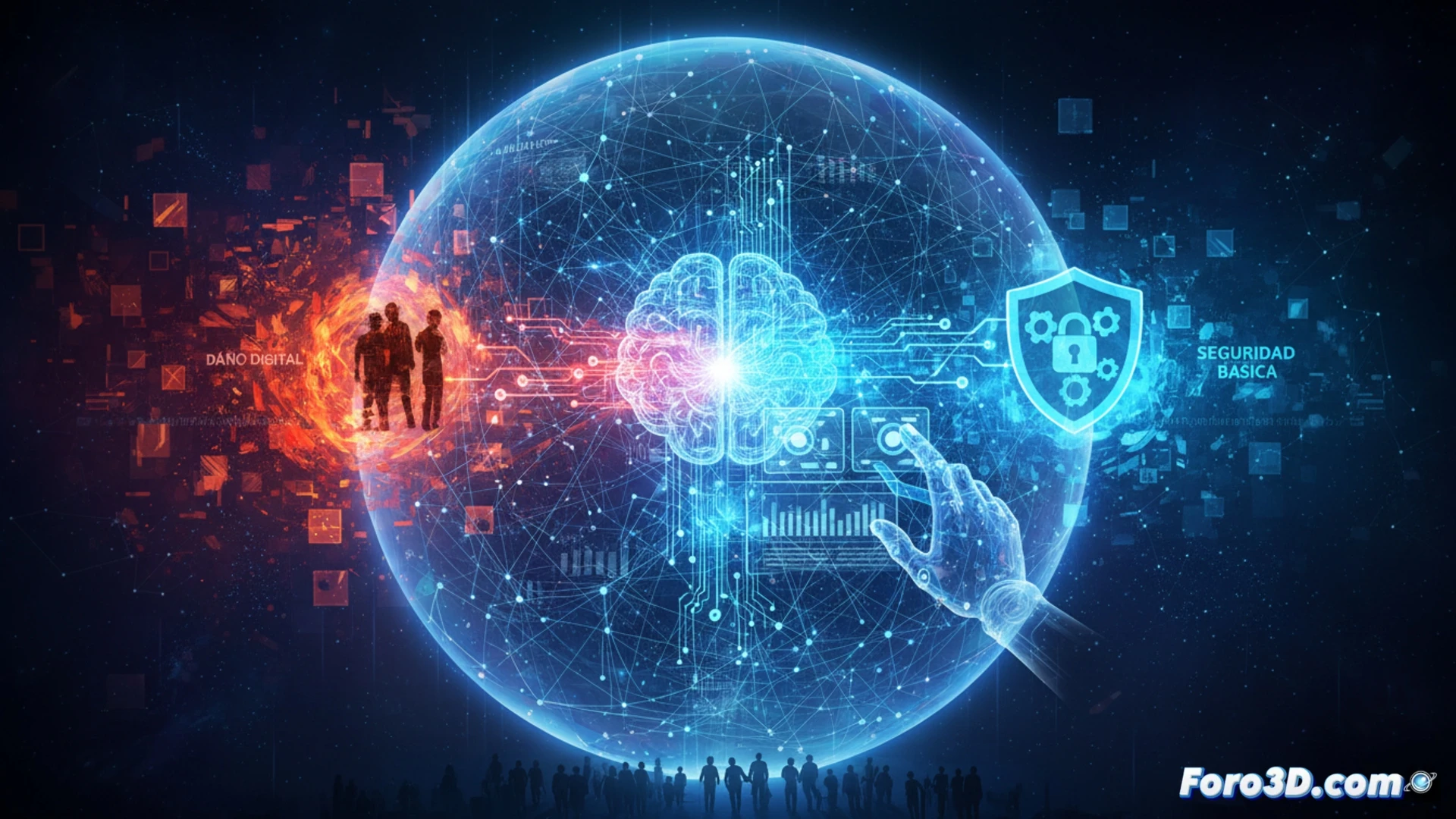 digital platform interface with transparent algorithm nodes visible, a glowing red warning triangle emerging from a content recommendation chain, human silhouette reaching to adjust a control lever labeled with regulatory symbols while AI decision pathways split into safe and harmful branches, photorealistic technical illustration, dark blue and orange high-contrast lighting, server rack background with blinking status lights, motion blur on the lever movement, safety lock mechanisms shown as metallic gears engaging, cinematic engineering visualization, ultra-detailed circuit board textures