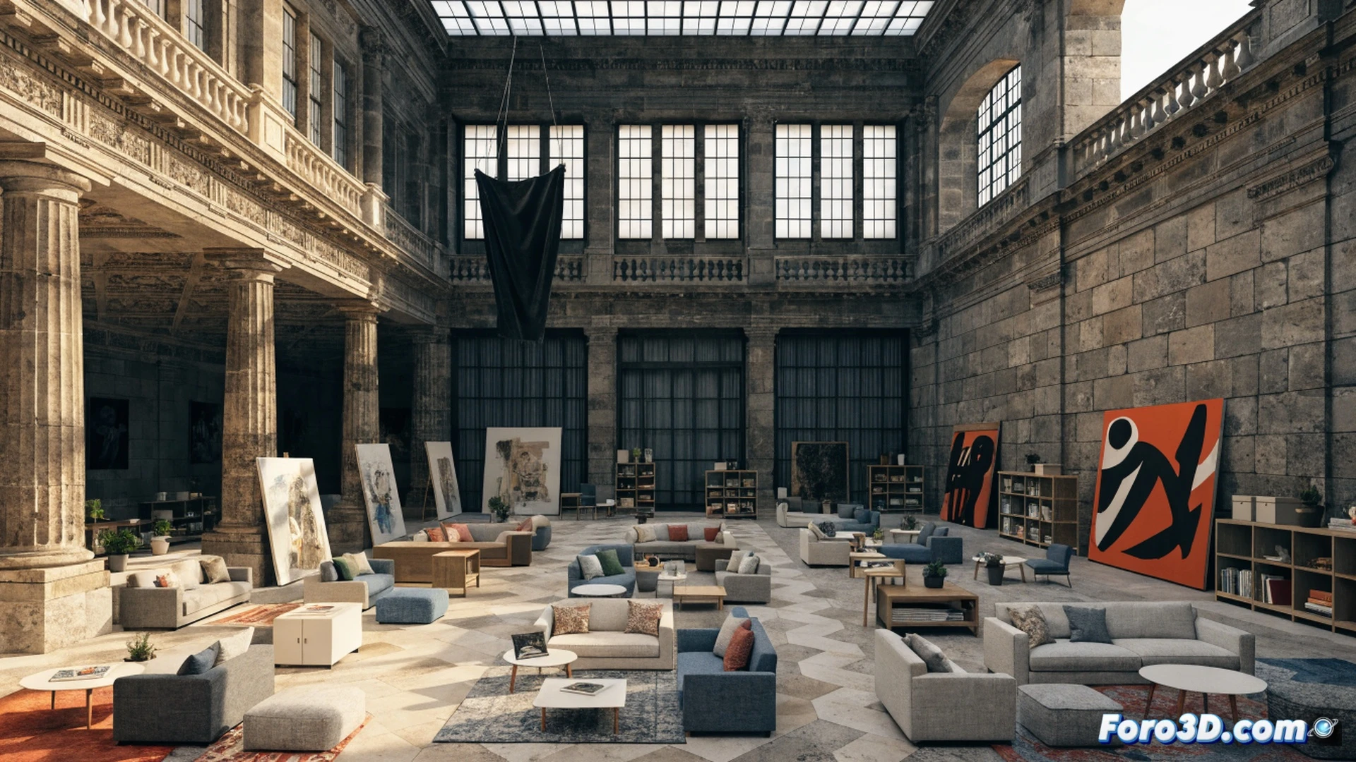 Modernist museum claustro interior, Ikea furniture assembly process, workers installing a flat-packed sofa and low coffee table near a minimalist white wall, visitors sitting and testing the new seating while observing a large abstract painting, natural light from arched windows, Scandinavian design elements mixed with industrial concrete columns, cinematic architectural photography, soft warm lighting, photorealistic interior render, detailed fabric textures, clean lines, calm museum atmosphere, subtle shadows