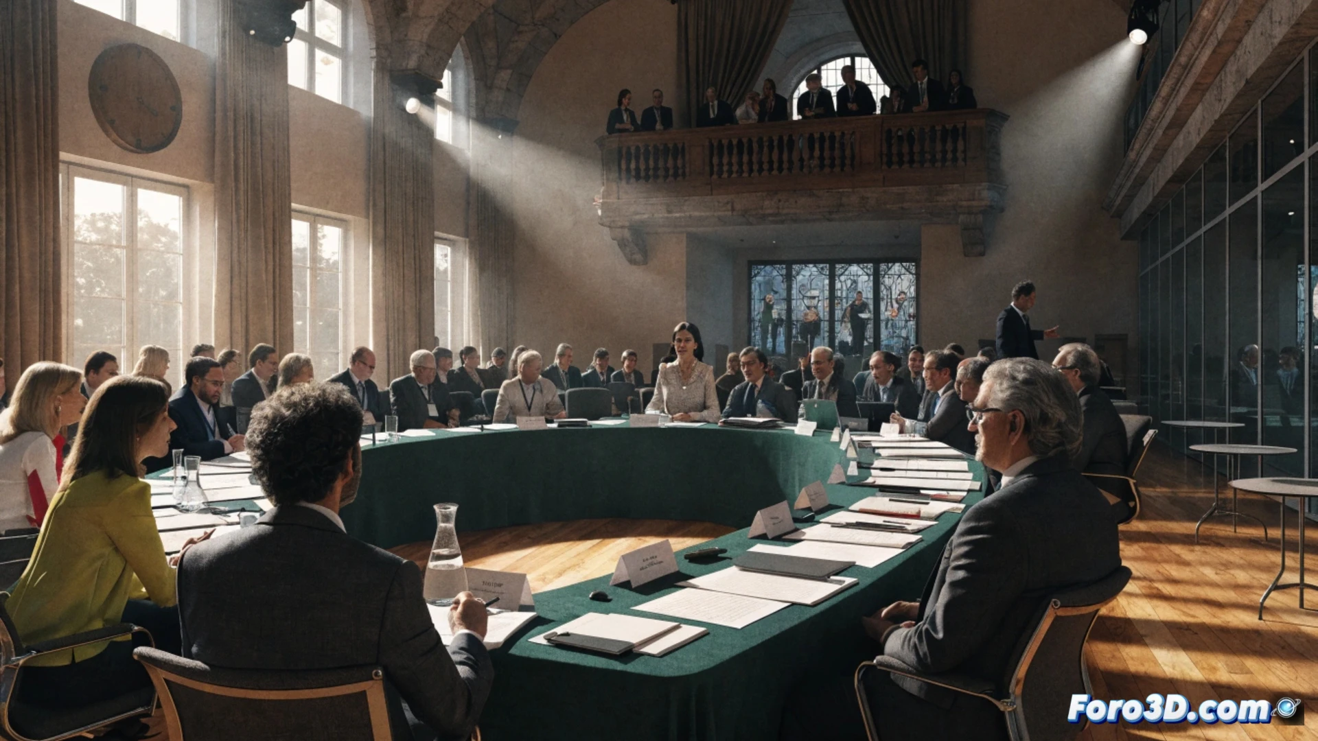 photorealistic scene of Queen Sofia at a podium in a modern conference hall, addressing an audience of neurologists and researchers, large screen behind her displaying a glowing 3D brain model with highlighted motor neuron pathways, holographic DNA helix and microscope slides on a nearby table, medical professionals taking notes on tablets during the presentation, warm stage lighting, blue and white color scheme, high-tech medical conference atmosphere, ultra-detailed textures, cinematic composition