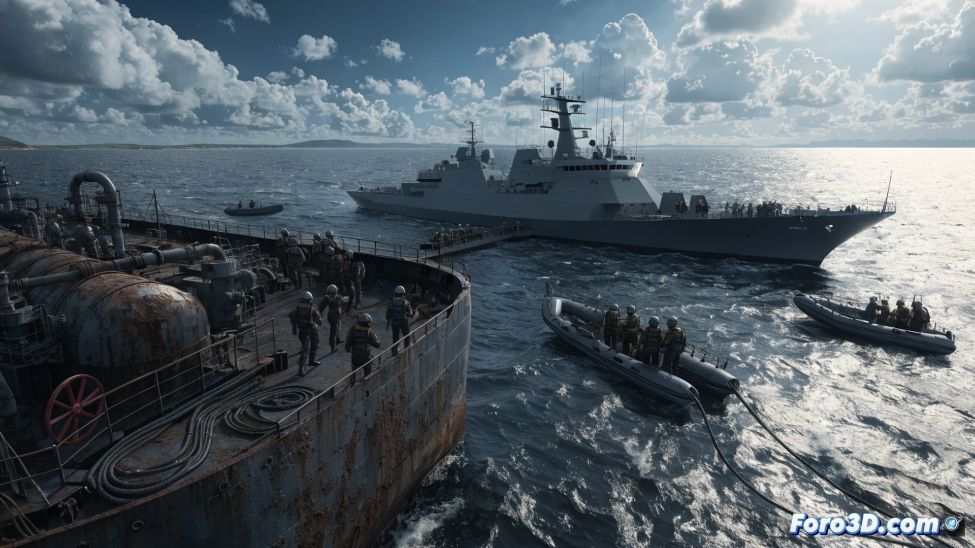 British Special Boat Service commandos in black tactical gear boarding a rust-streaked oil tanker SMYRTOS at night in the English Channel, hydraulic cutting tools severing a fuel transfer hose mid-operation, glowing orange petroleum spill spreading across dark water, deck lights illuminating the vessel s corroded hull and hidden pipeline valves, infrared laser targeting dots on the bridge windows, military RHIBs alongside with wave spray, cinematic photorealistic technical illustration, high-contrast industrial lighting, smoke drifting from engine vents, realistic maritime security operation, ultra-detailed ship machinery and weapon optics