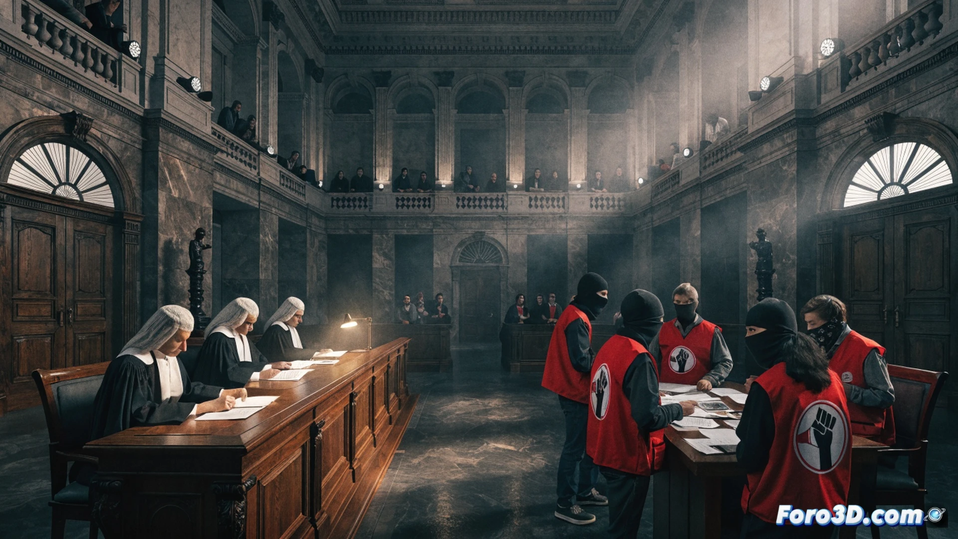 A courtroom scene showing a judge's gavel striking a block, with a legal document titled Palestine Action marked as banned, while handcuffs and a prison sentence sign reading 14 years are displayed on a screen behind, broken glass and spray paint cans on a table as evidence, photorealistic technical illustration, dramatic overhead lighting, wooden courtroom interior, sharp focus on legal documents and security symbols, cinematic composition, ultra-detailed textures of wood and metal, high-contrast shadows
