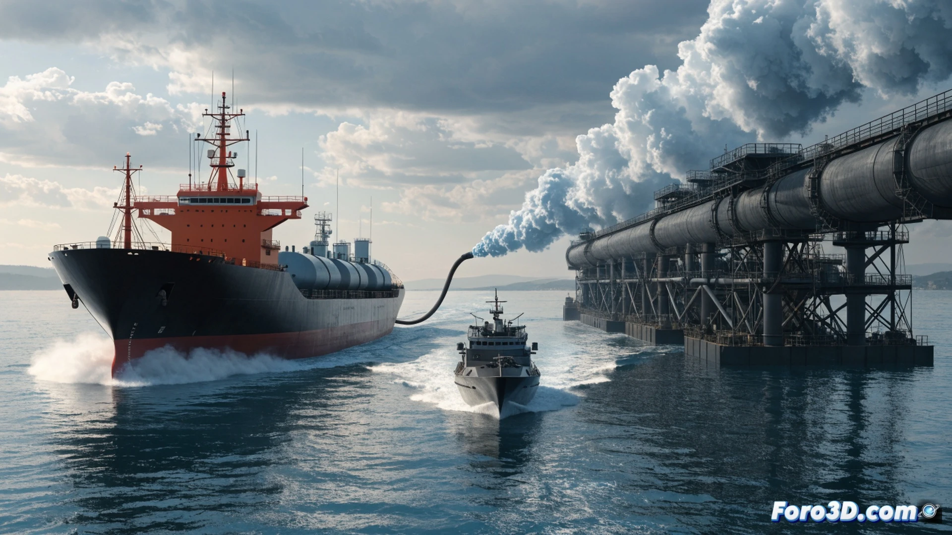 Large naval vessel intercepting a smaller oil tanker in rough sea, Royal Navy patrol boat approaching from starboard, tanker deck showing transfer hoses connected to a foreign-flagged supply ship, cargo hold partially filled with crude oil, satellite dish on tanker transmitting location data, radar screen in bridge displaying overlapping ship tracks, cinematic engineering visualization, photorealistic maritime scene, stormy grey sky, metallic hull reflections, oil slick on water surface, warning lights flashing on both vessels, high-contrast industrial lighting, ultra-detailed mechanical deck equipment, realistic wave dynamics, dramatic geopolitical tension atmosphere