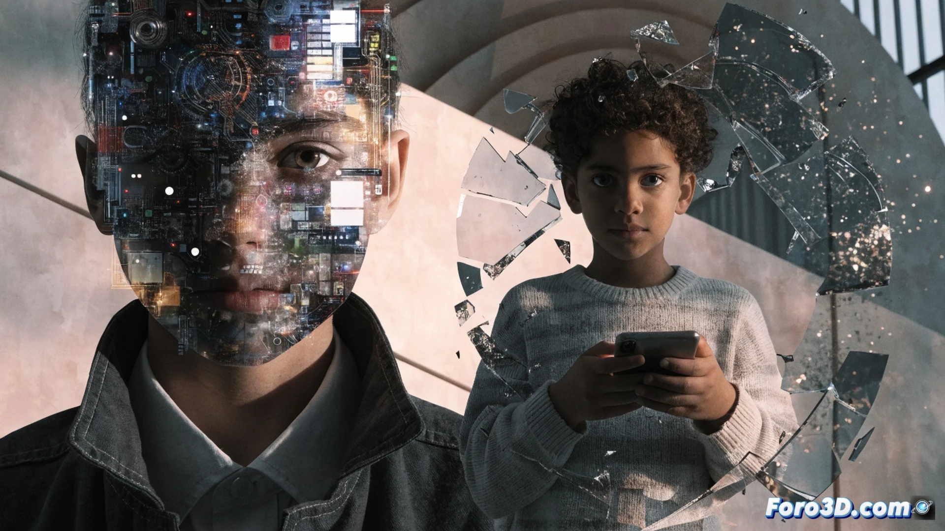 Photorealistic technical illustration showing a UK government firewall interface blocking social media apps on a teenager smartphone, screen displaying red access denied symbol over Instagram and TikTok icons, parental control dashboard visible on a tablet beside it, glowing digital padlock and age verification system in background, teenager holding phone with disappointed expression while parent observes, network data flow lines being interrupted by a central regulatory server, cinematic lighting with blue and red tones contrasting, ultra-detailed hardware components, router with blinking warning lights, technical engineering visualization style