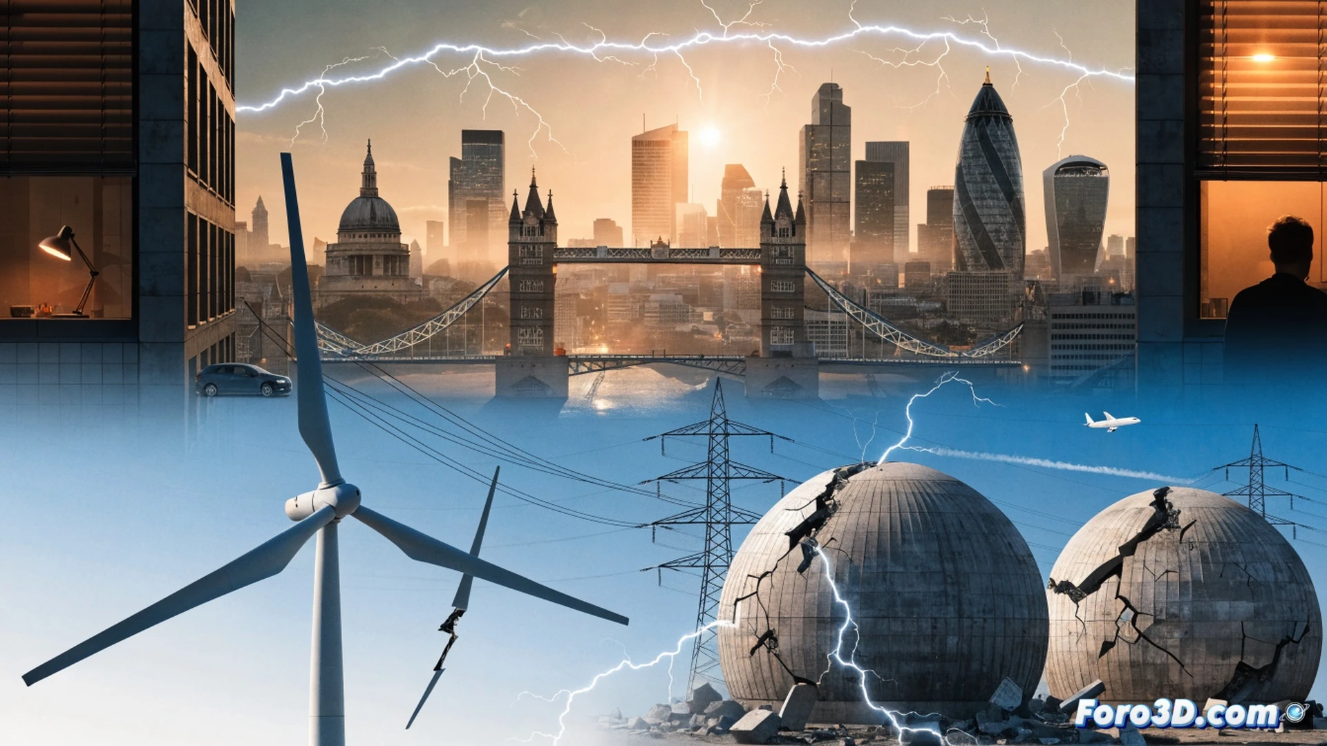 UK power grid control room during heatwave alert, engineers monitoring dashboard screens showing low wind turbine output and nuclear plant shutdown indicators, air conditioning units on rooftops glowing red-hot under intense sun, transmission lines sagging under thermal stress, cinematic technical illustration, photorealistic industrial lighting, warning lights blinking on grid map, heat haze distortion over city skyline, detailed server racks with cooling failure alarms, dramatic orange sunset sky, high-contrast shadows, ultra-detailed electrical infrastructure