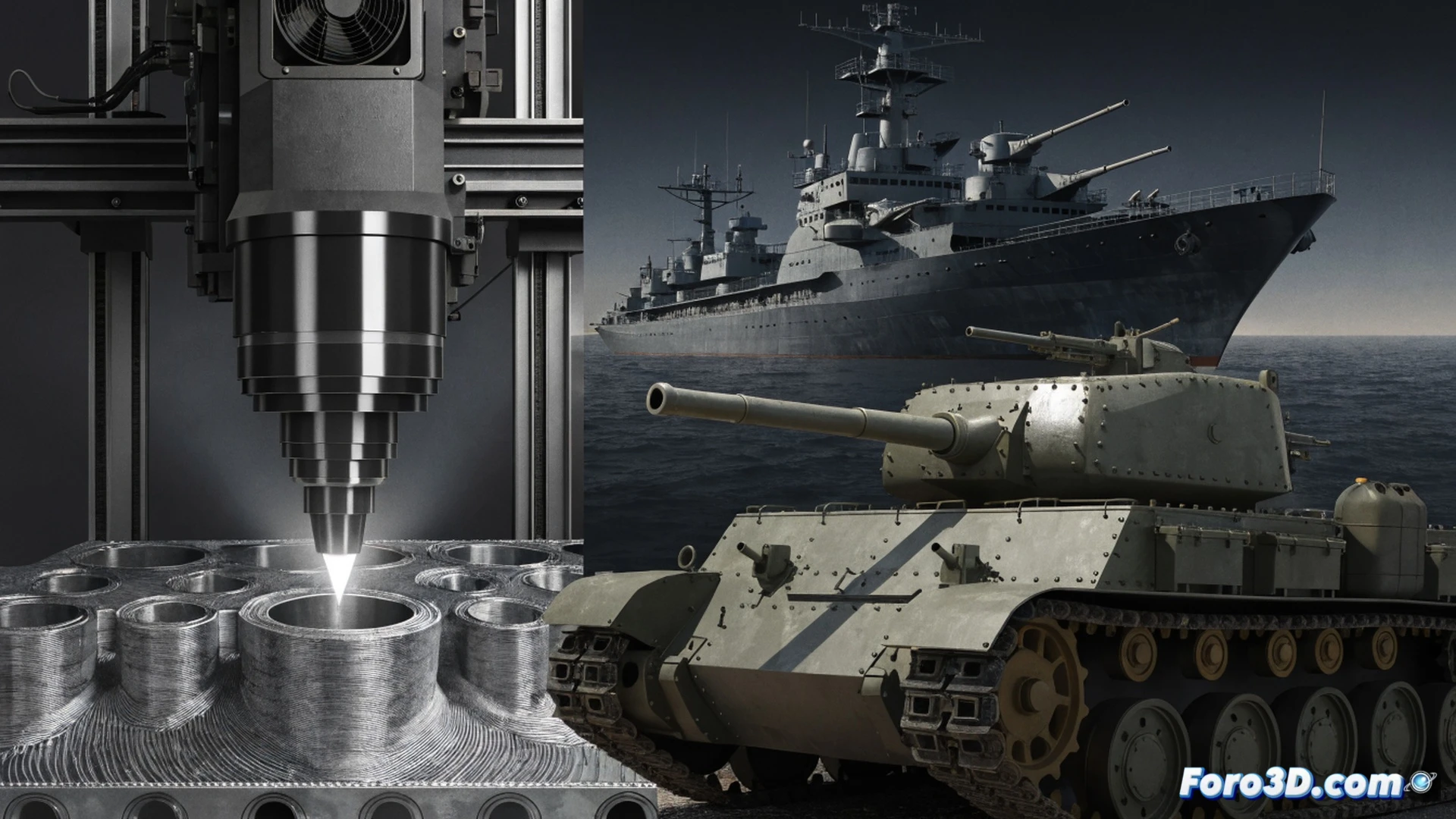 British military ship engine room, 3D printer extruding a complex brass valve component layer by layer, a technician in navy coveralls inspecting the printed part against a blueprint on a tablet, old tank track links stored in the background, robotic arm moving during the printing process, industrial fluorescent lighting reflecting on metal surfaces, photorealistic engineering visualization, precise layer lines visible, oil stains on concrete floor, ultra-detailed mechanical environment