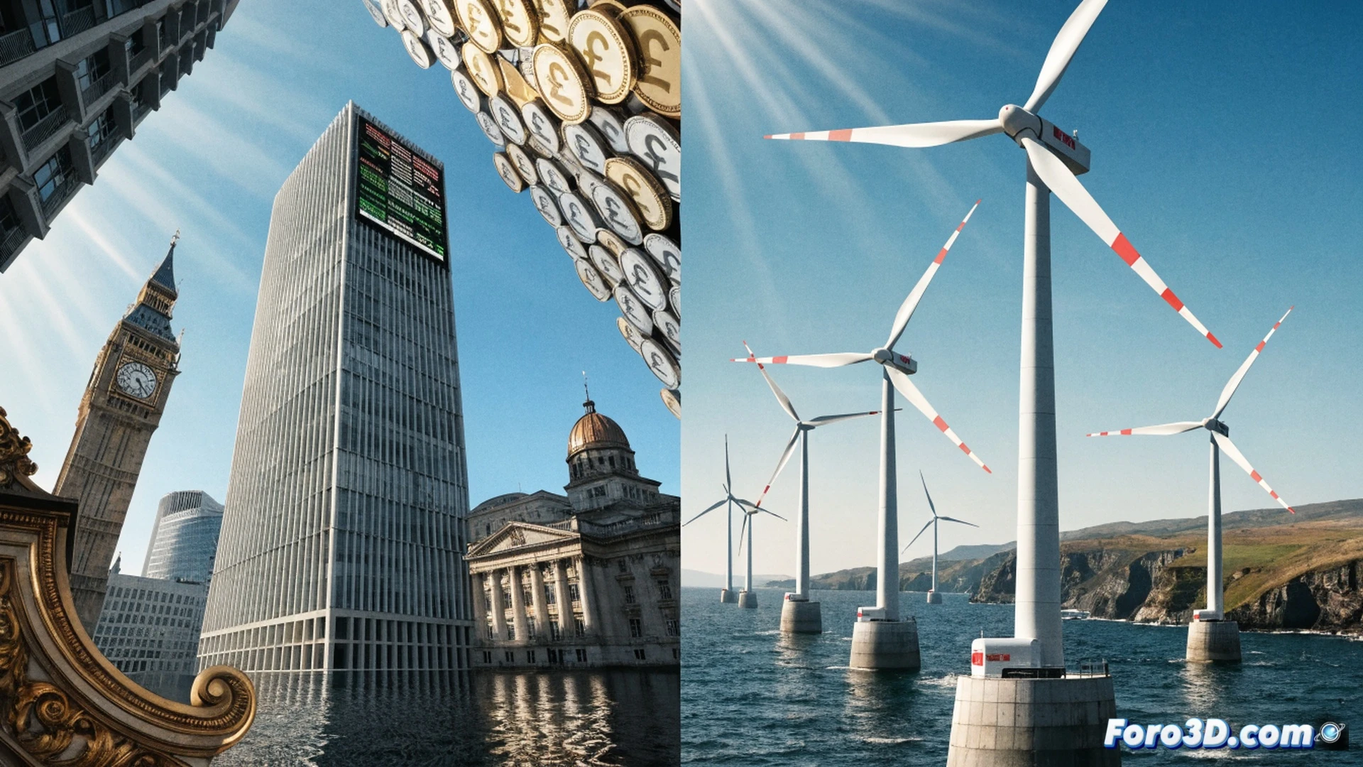 Offshore wind turbine installation in stormy North Sea, massive jack-up vessel lifting three-blade rotor assembly onto a 150-meter tower, engineers in orange suits monitoring holographic data screens on deck, submarine power cables being pulled through underwater conduits, British and Japanese flags on control room panels, photorealistic cinematic engineering visualization, dynamic waves crashing on steel platform, welding sparks from foundation structure, drone camera angle showing scale of operation, dramatic overcast sky with sunbeams breaking through clouds, hyper-detailed mechanical components