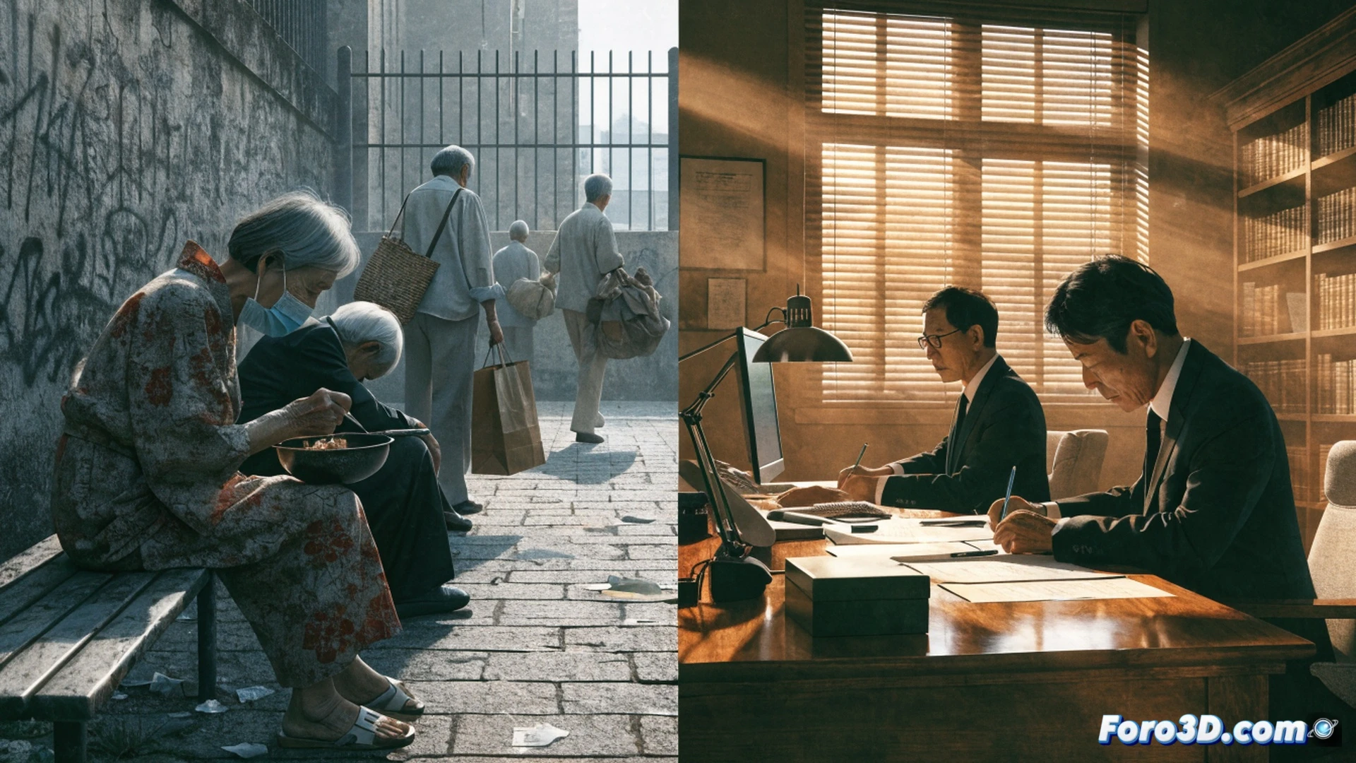 Elderly Japanese volunteer in grey uniform standing alone at a worn wooden desk inside a cramped community office, stacks of case files and unopened mail scattered around, hands holding a frayed handbook while a single flickering fluorescent light casts harsh shadows, dusty shelves with outdated software manuals and a broken desktop monitor in the corner, process of reviewing rehabilitation schedules without any visible security system or backup personnel, photorealistic technical illustration, muted beige and grey tones, tired expression, cluttered environment, subtle dust particles in stagnant air, cinematic documentary style, ultra-detailed textures of aged paper and plastic, dramatic low-key lighting emphasizing isolation