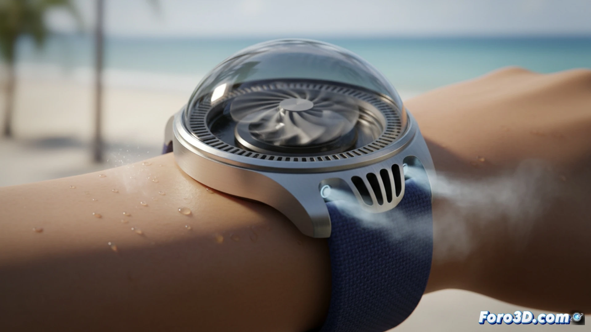 wristwatch with hidden centrifugal fan mechanism exposed in cross-section, cool air being drawn from under the watch strap while hot humid air is expelled outward through side vents, skin surface shown dry and sweat-free during airflow, photorealistic engineering visualization, macro view of fan blades rotating inside the watch case, blue airflow trajectories indicating cooling process, metallic watch components with brushed steel finish, dramatic side lighting highlighting the fan mechanism, sweat droplets evaporating from skin, ultra-detailed mechanical internals, cinematic product render