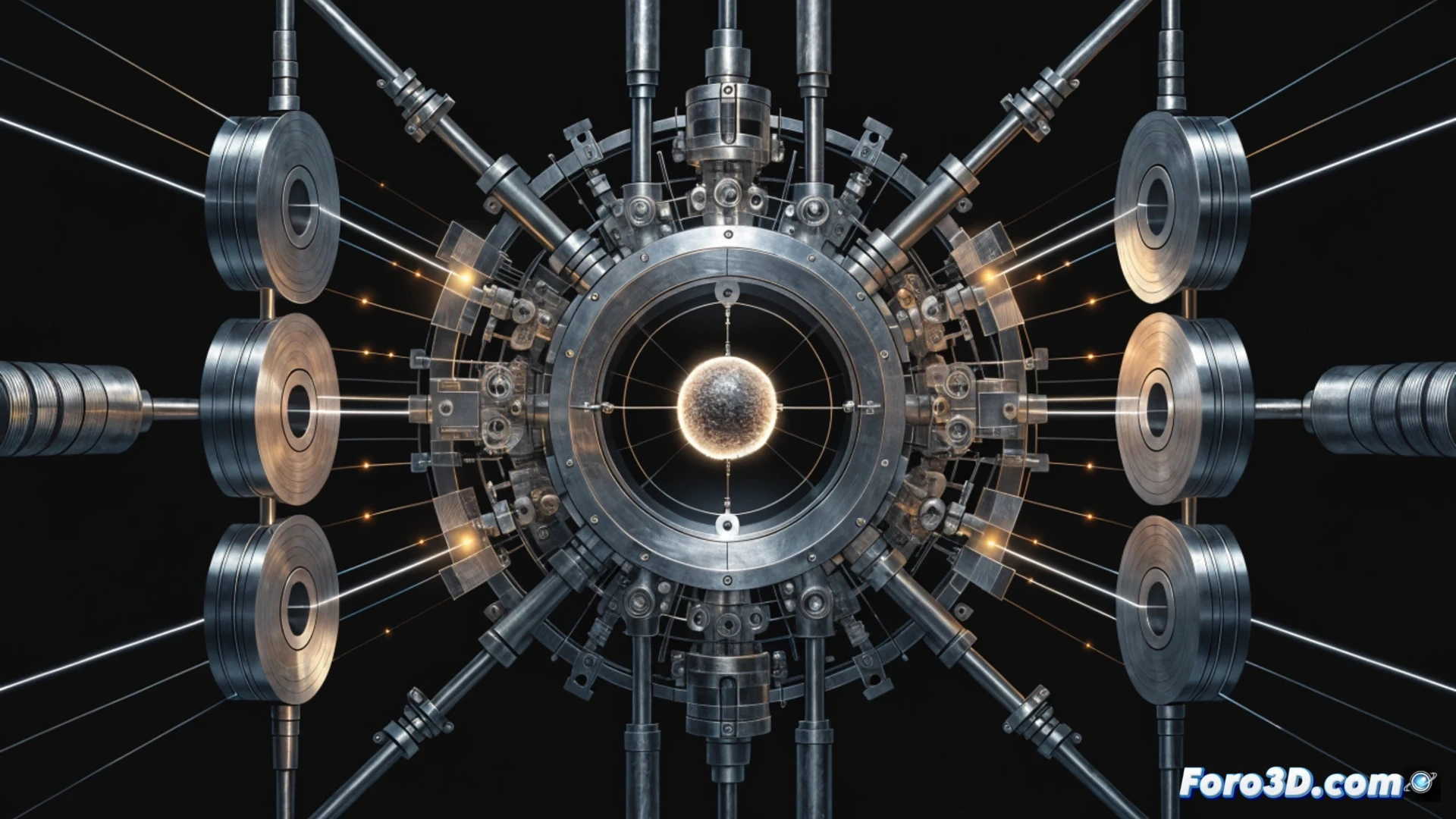 microscopic thorium-229 nucleus suspended in vacuum chamber, ultraviolet laser beams converging on nucleus from multiple angles, optical lattice trapping ions, atomic clock components with cryogenic cooling system, engineers monitoring real-time frequency stabilization on holographic displays, glowing blue laser paths intersecting at nucleus center, photorealistic scientific visualization, cinematic lighting with deep shadows, extreme macro detail of atomic structure, precision optical mounts and vibration isolation table, technical illustration style with metallic reflections