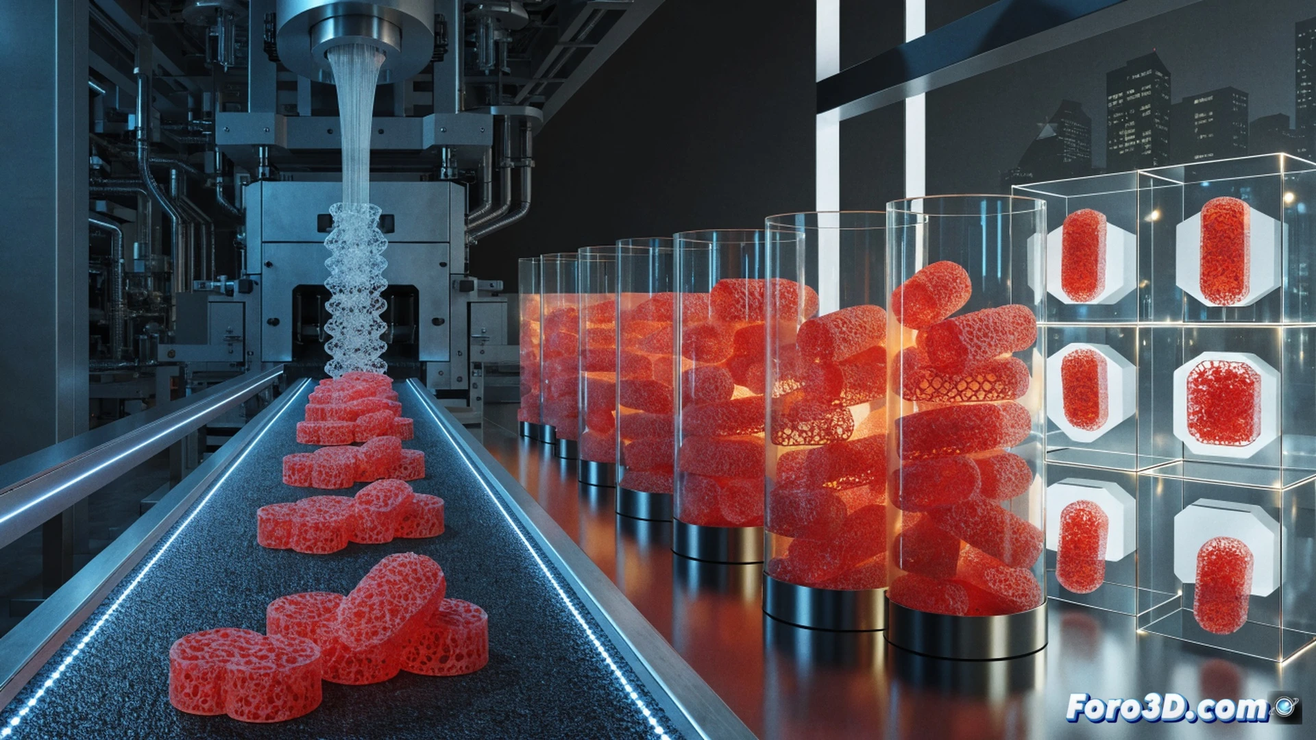 Close-up shot of a 3D printer nozzle depositing a glowing orange vitamin gel onto a custom gummy mold, a robotic arm moving precisely during the additive manufacturing process, a digital health questionnaire interface floating as a holographic overlay next to the machine, showing personalized nutrient profiles being processed, scattered vitamin gummies in diverse shapes and colors on a sterile metallic table, global map nodes lighting up from UK to USA, Middle East, and India, cinematic engineering visualization, photorealistic technical illustration, dramatic industrial lighting with blue and amber tones, shallow depth of field highlighting the printing action