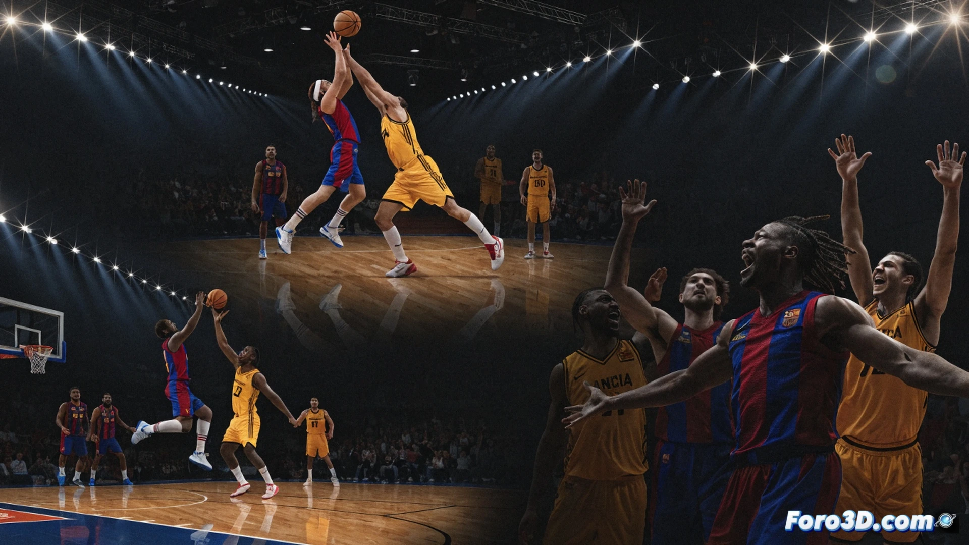 Barça basketball player executing a game-winning three-point shot under intense pressure, ball mid-air with backspin visible, Valencia defender lunging forward in desperate block attempt, crowd roaring in blurred background, illuminated basketball court lines and glowing shot clock showing overtime countdown, sweat droplets frozen in motion, dramatic arena spotlight cutting through smoke, cinematic sports photography style, high contrast lighting, shallow depth of field, photorealistic action freeze-frame, technical basketball motion analysis, shoes squeaking on polished wood floor texture