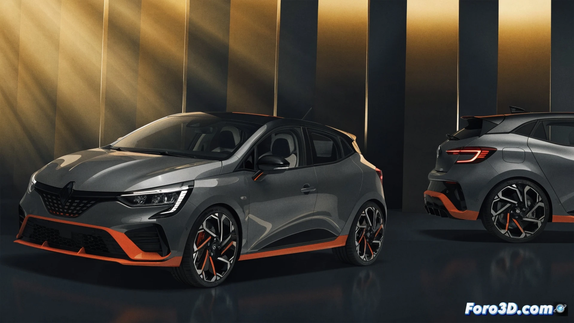 Renault Clio GT híbrido acelerando en curva cerrada de asfalto mojado, neumáticos traseros generando nube de vapor y tracción, capó abierto dejando ver motor híbrido con cables naranjas de alto voltaje, pantalla digital en salpicadero mostrando gráfico de flujo energético entre batería y ruedas, ingeniero con tableta midiendo emisiones con sonda en escape, etiqueta ECO verde proyectada virtualmente sobre parabrisas, cinematográfica iluminación nocturna con reflejos urbanos, render fotorrealista de ingeniería, detalles mecánicos ultrafinos, partículas de lluvia iluminadas por faros LED.