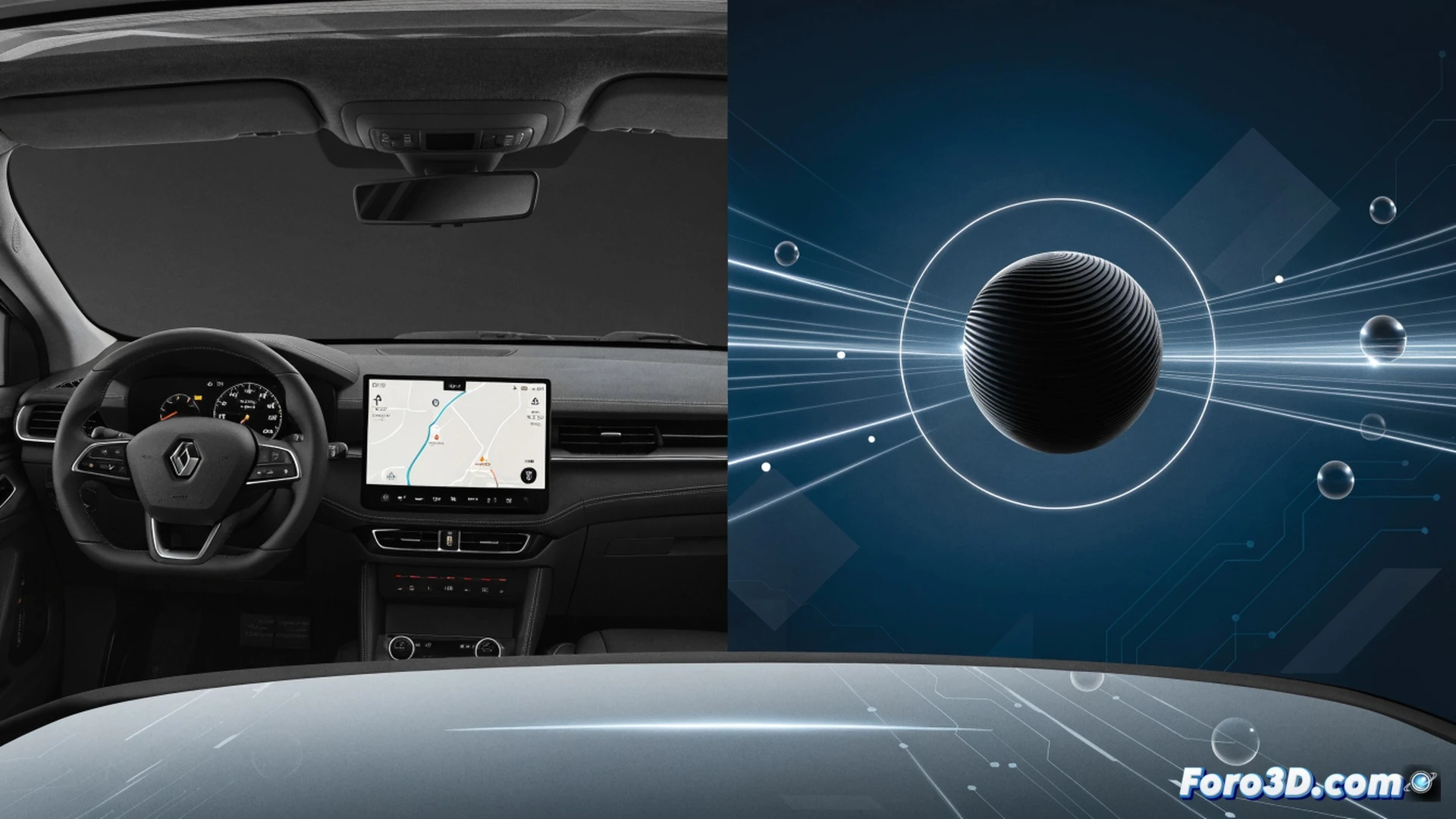Dashboard of a modern Renault SUV with openR Link system active, driver speaking a voice command while hands remain on steering wheel, Gemini AI assistant interface displayed on central touchscreen showing navigation route and climate controls, holographic-style voice wave animation indicating real-time processing, clean minimalist cabin interior with ambient blue lighting, steering wheel controls visible, windshield view of road ahead, cinematic photorealistic technical illustration, ultra-detailed dashboard textures, soft natural daylight from outside, focus on seamless human-machine interaction during driving