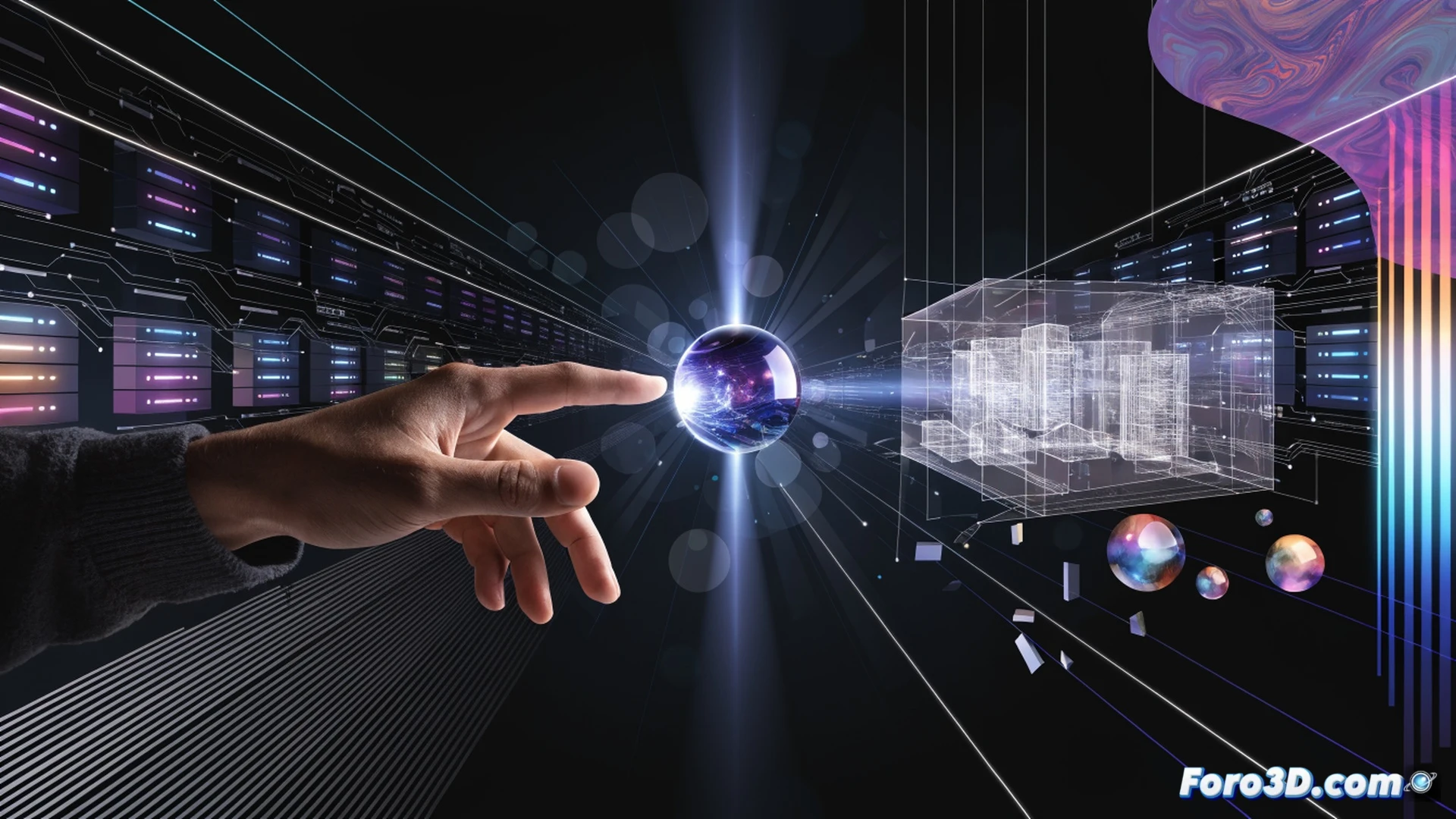 Cinematic photorealistic render of a digital artist adjusting lighting parameters on a 3D character face in a cloud-based interface, while automated render nodes process frames in the background, showing a hybrid workflow where the artist manually tweaks subsurface scattering and eye reflections, holographic UI panels floating around, dramatic contrast between cold server racks and warm creative desk, motion blur on spinning fans, glowing node connections, ultra-detailed skin texture with visible brush strokes, technical visualization of human intent overriding algorithmic shortcuts.