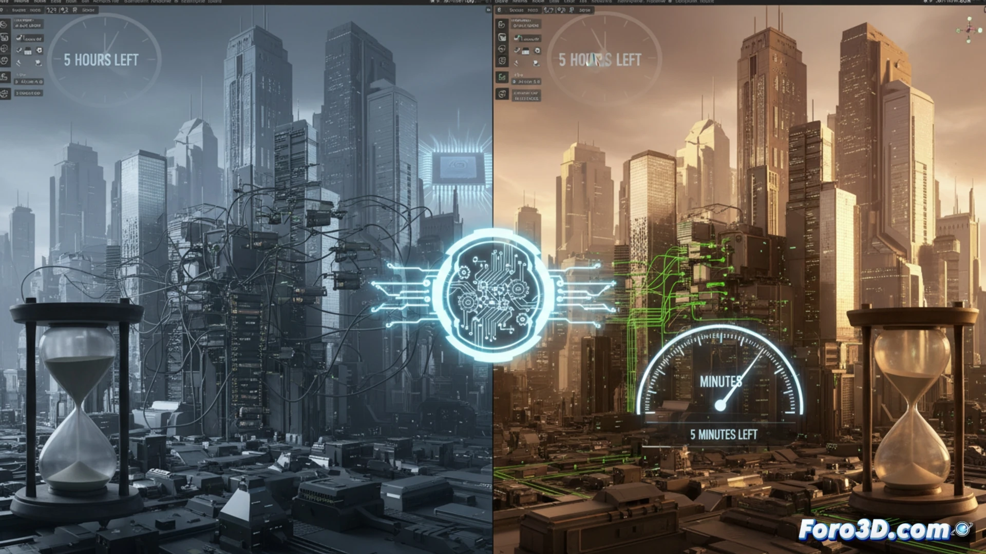 Blender workspace interior showing a 3D scene with complex geometry, a glowing Render Optimizer Pro interface panel floating beside it, automatic optimization process demonstrated by red warning nodes turning green and shrinking, timeline bar reducing from hours to minutes with speed lines, cinematic technical illustration style, sleek dark UI with neon blue accents, wireframe overlay on a detailed character model, dramatic side lighting on keyboard and mouse, photorealistic engineering visualization
