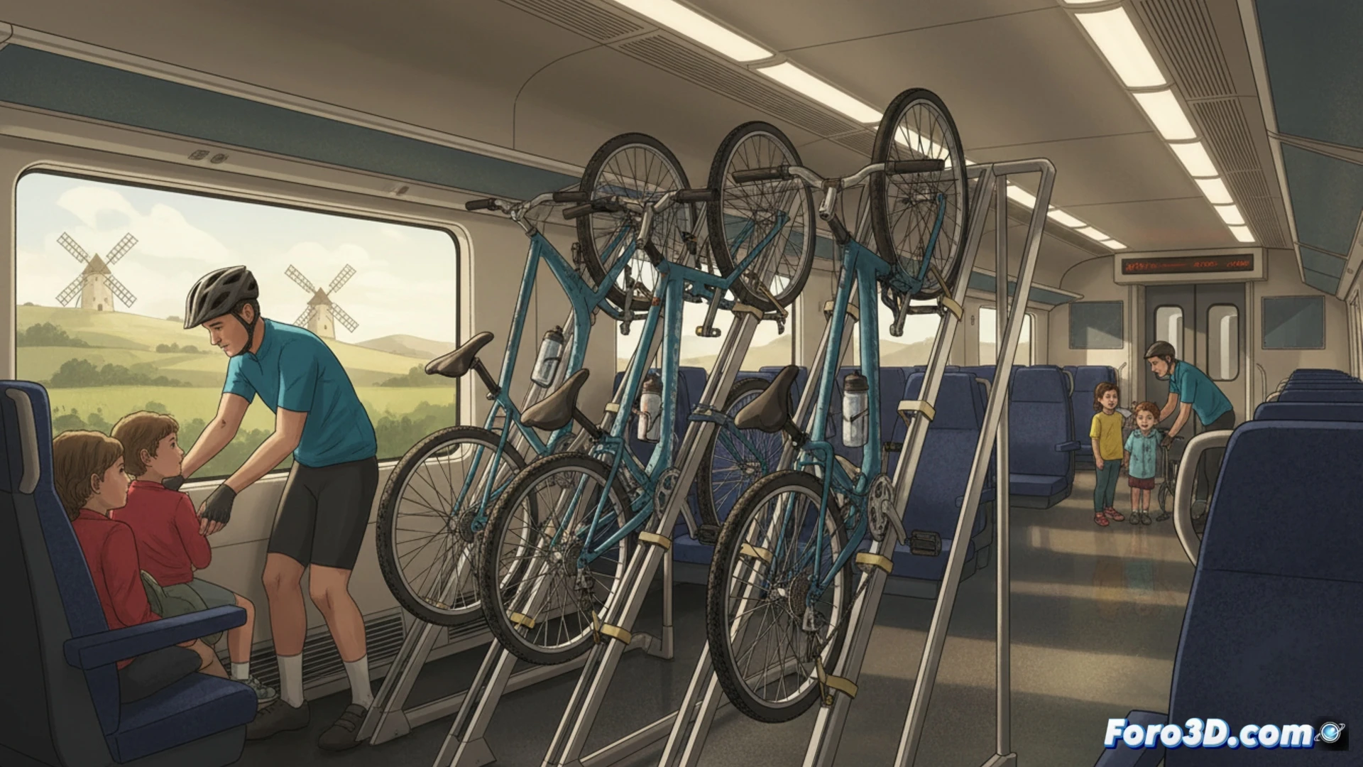 Renfe technician installing vertical bicycle racks inside an Avant train carriage in Ciudad Real, worker tightening stainless steel mounting brackets onto a modified luggage area, a unfolded mountain bike secured in the new vertical slot with quick-release clamps, blue train seats visible in background, yellow safety vests and tools scattered on floor, bright fluorescent workshop lighting, photorealistic industrial photography style, detailed metallic railings and mechanical fasteners, engineering documentation clipboard on seat, realistic texture of train interior panels, depth of field focusing on installation process